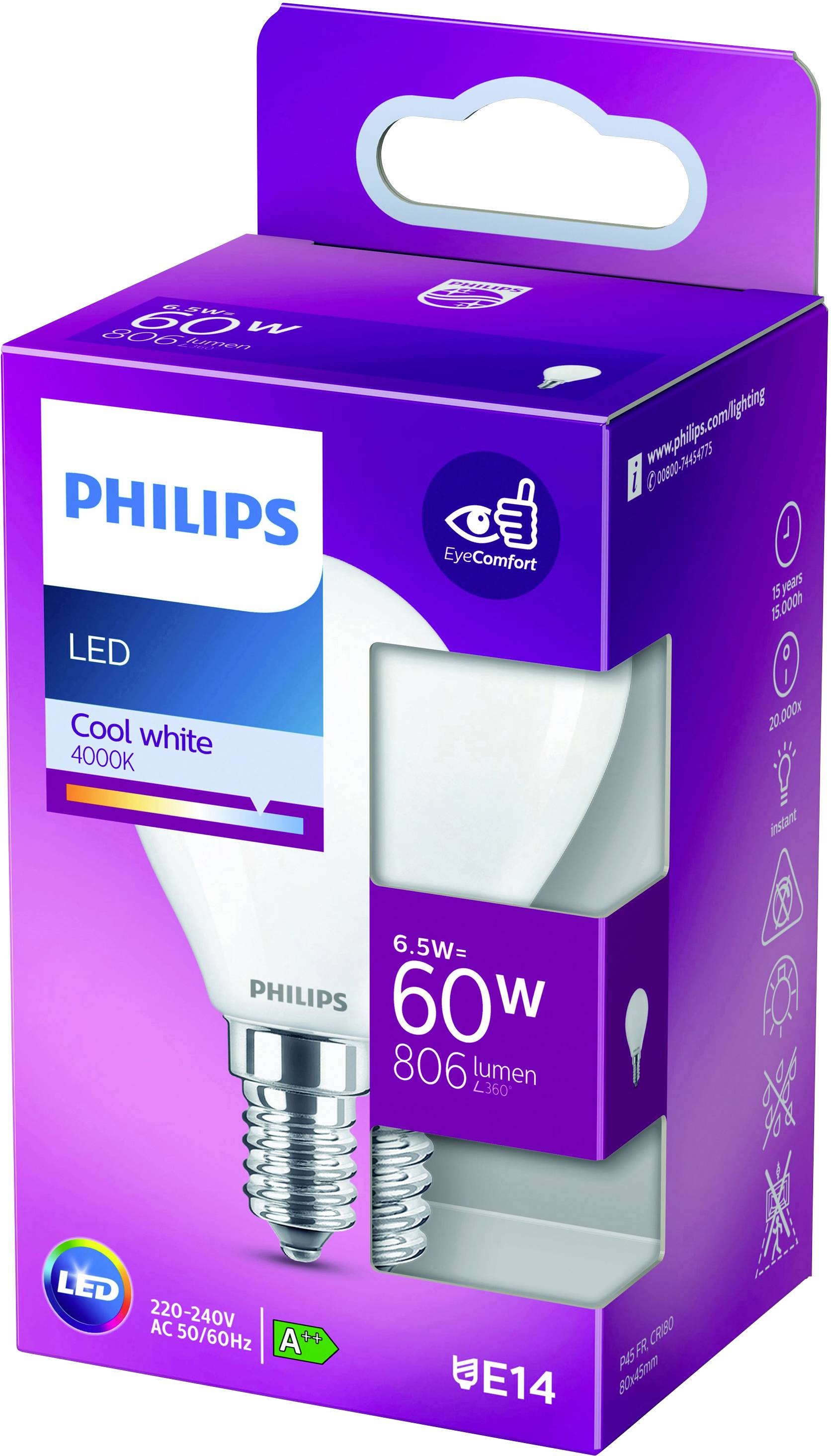 Philips LED 76287200 LED EEK E (A - G) E14 6.5W = 60W Kaltweiß (Ø x L) 4.5cm x 8cm 1St.