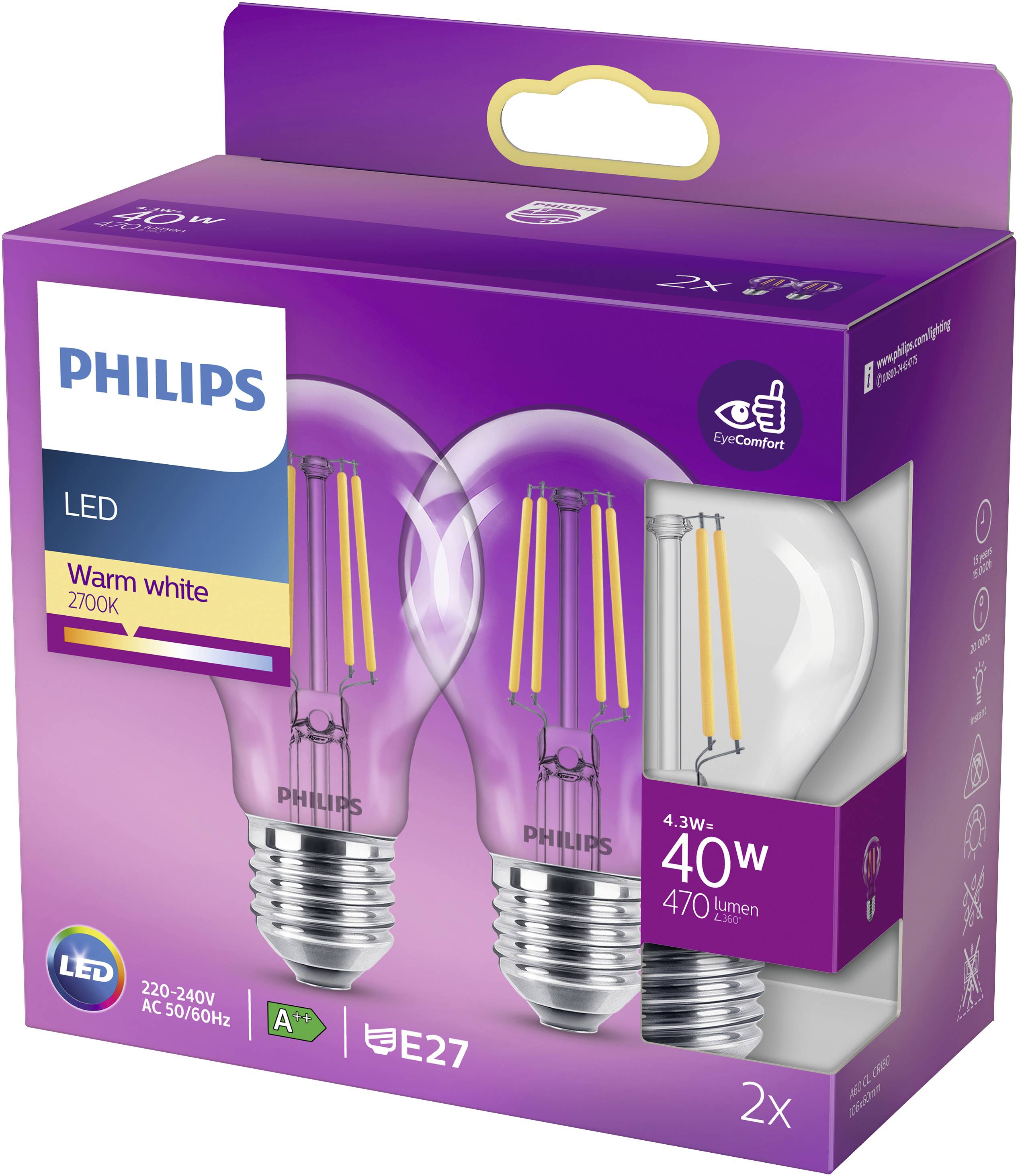 Philips LED 77759300 LED EEK F (A - G) E27 4.3W = 40W Warmweiß (Ø x L) 6cm x 10.6cm 2St.