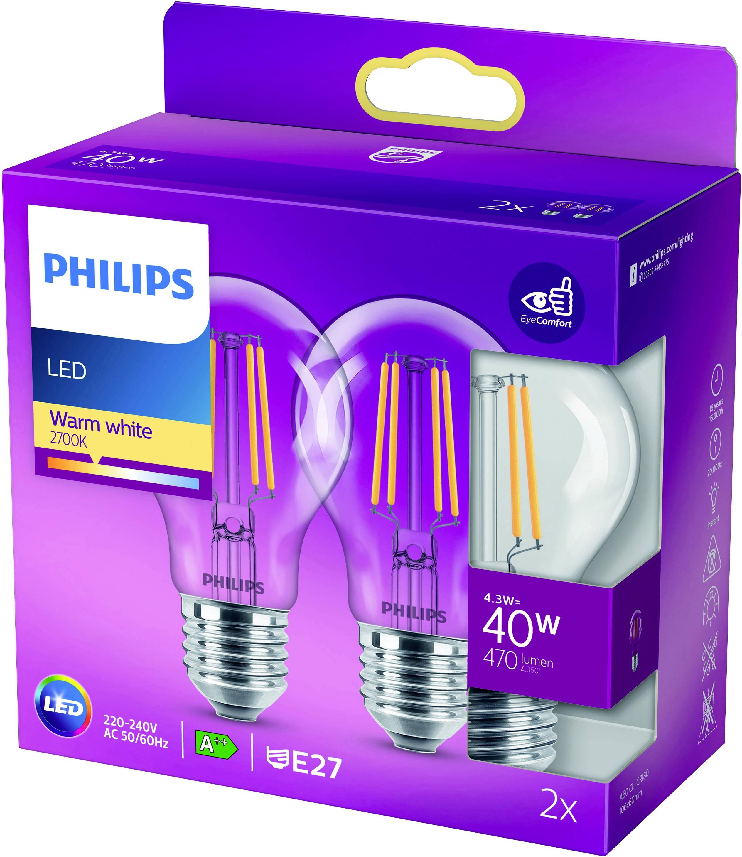 Philips LED 77759300 LED EEK F (A - G) E27 4.3W = 40W Warmweiß (Ø x L) 6cm x 10.6cm 2St.