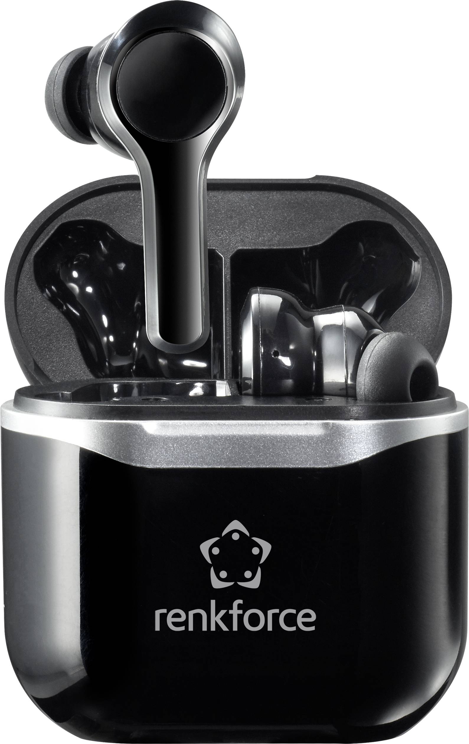 Kabellose schwarze Ohrhörer in einer geöffneten Hülle.