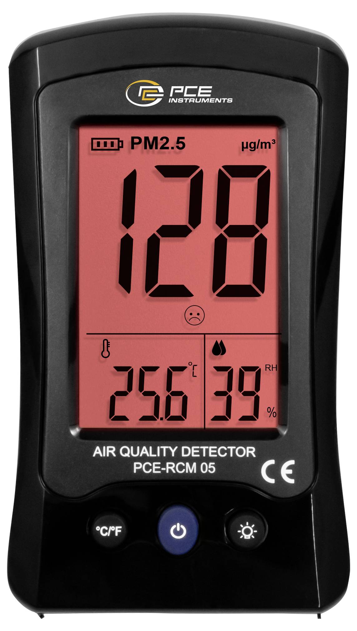 Tragbares Luftqualitätsmessgerät-Display zeigt PM2,5 bei 128 µg/m³, Temperatur 25,6°C und Luftfeuchtigkeit 39% RH an, mit einem Warngesichtssymbol.