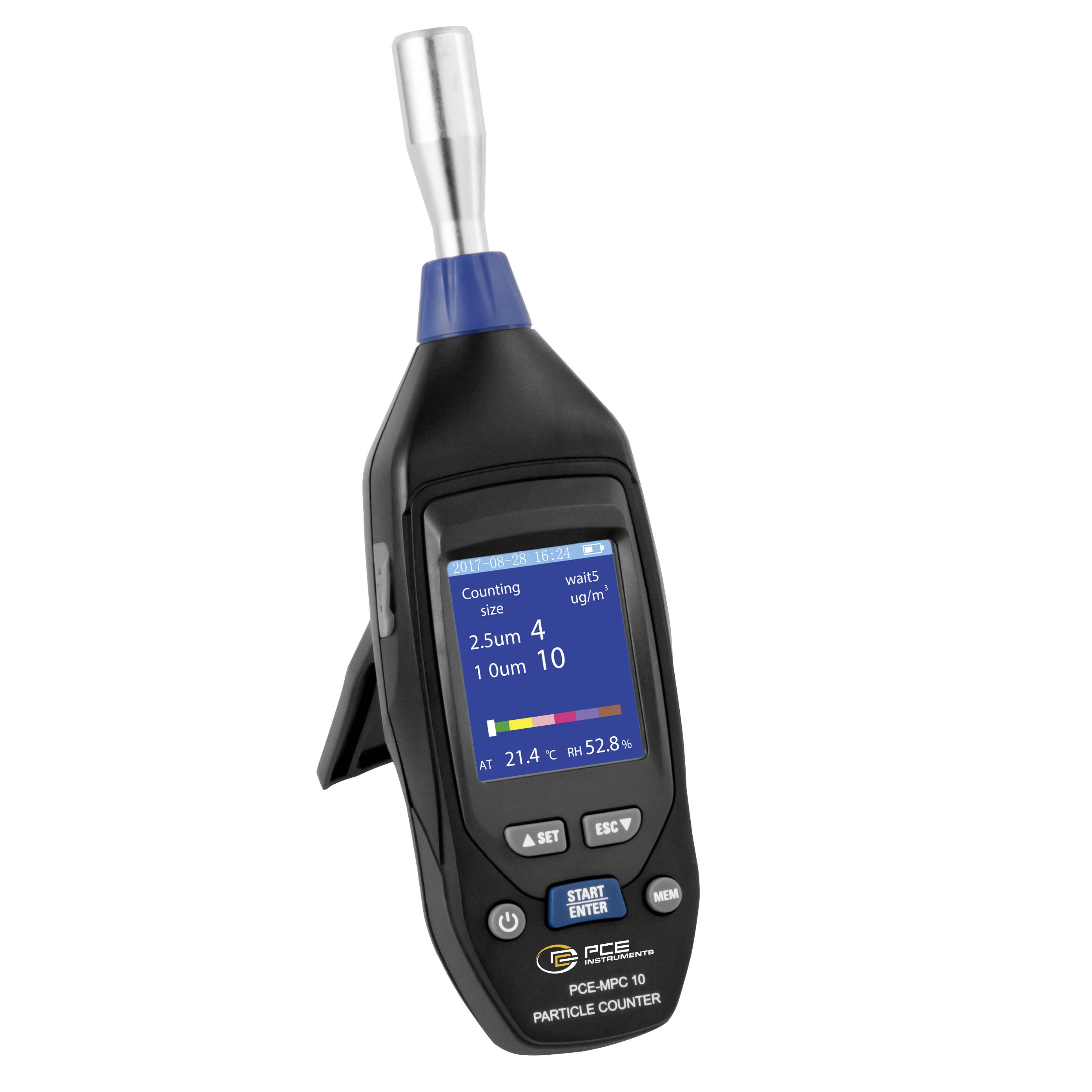 Tragbares Partikelzählgerät mit trichterförmigem Sensor und Display, das Partikelzählungen bei 2,5 µm und 10 µm anzeigt.
