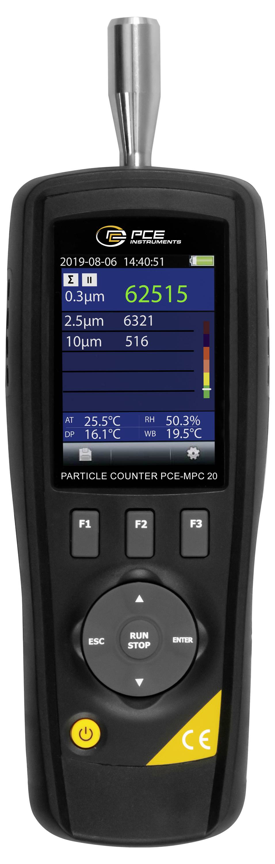 Tragbarer Partikelzähler-Display zeigt 6.251 Partikel bei 0,3 μm an, mit Zählwerten für 2,5 μm und 10 μm, sowie Temperatur- und Feuchtemessungen.