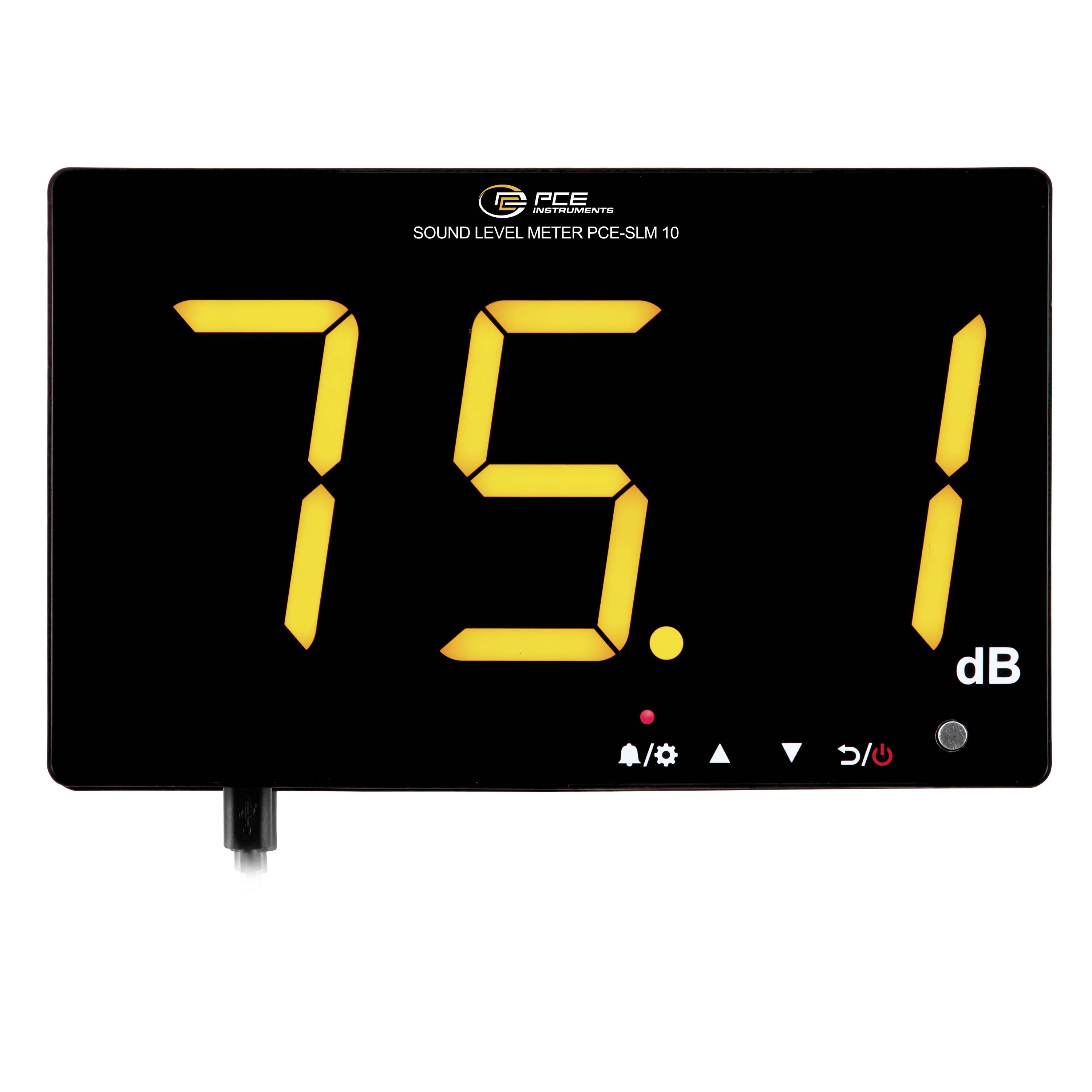 Digitales Schallpegelmessgerät zeigt einen Messwert von 75,1 dB auf einem schwarzen Bildschirm an