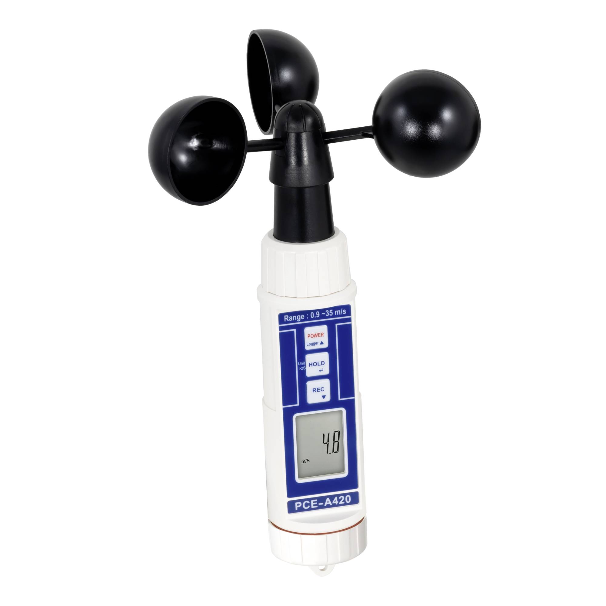 Handheld digital anemometer with three-cup wind sensor and display showing 4.8 mph.