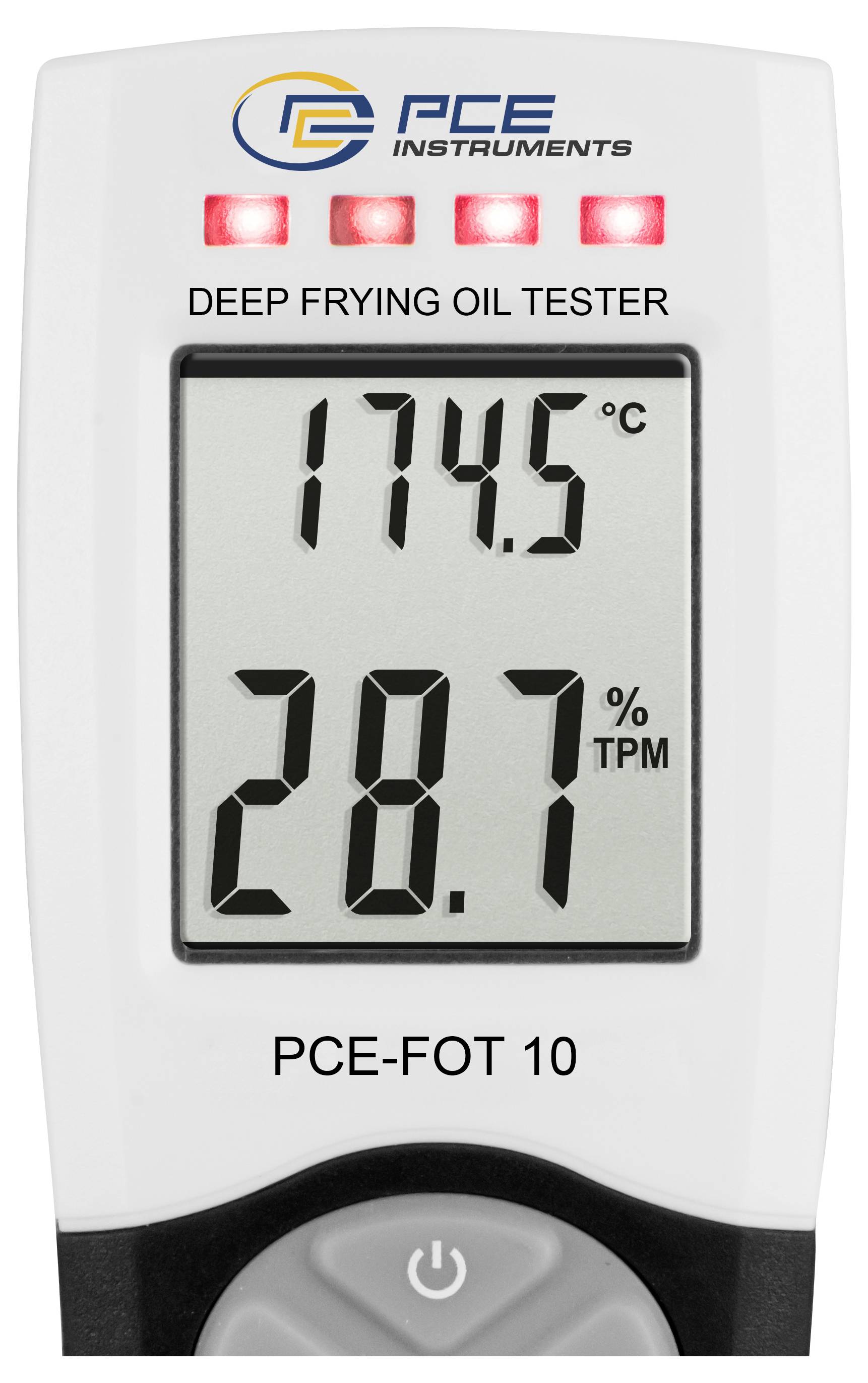Digitales Testgerät für Frittieröl-Anzeige mit 174,5°C und 28,7% TPM, beschriftet PCE-FOT 10, mit vier roten Kontrollleuchten.