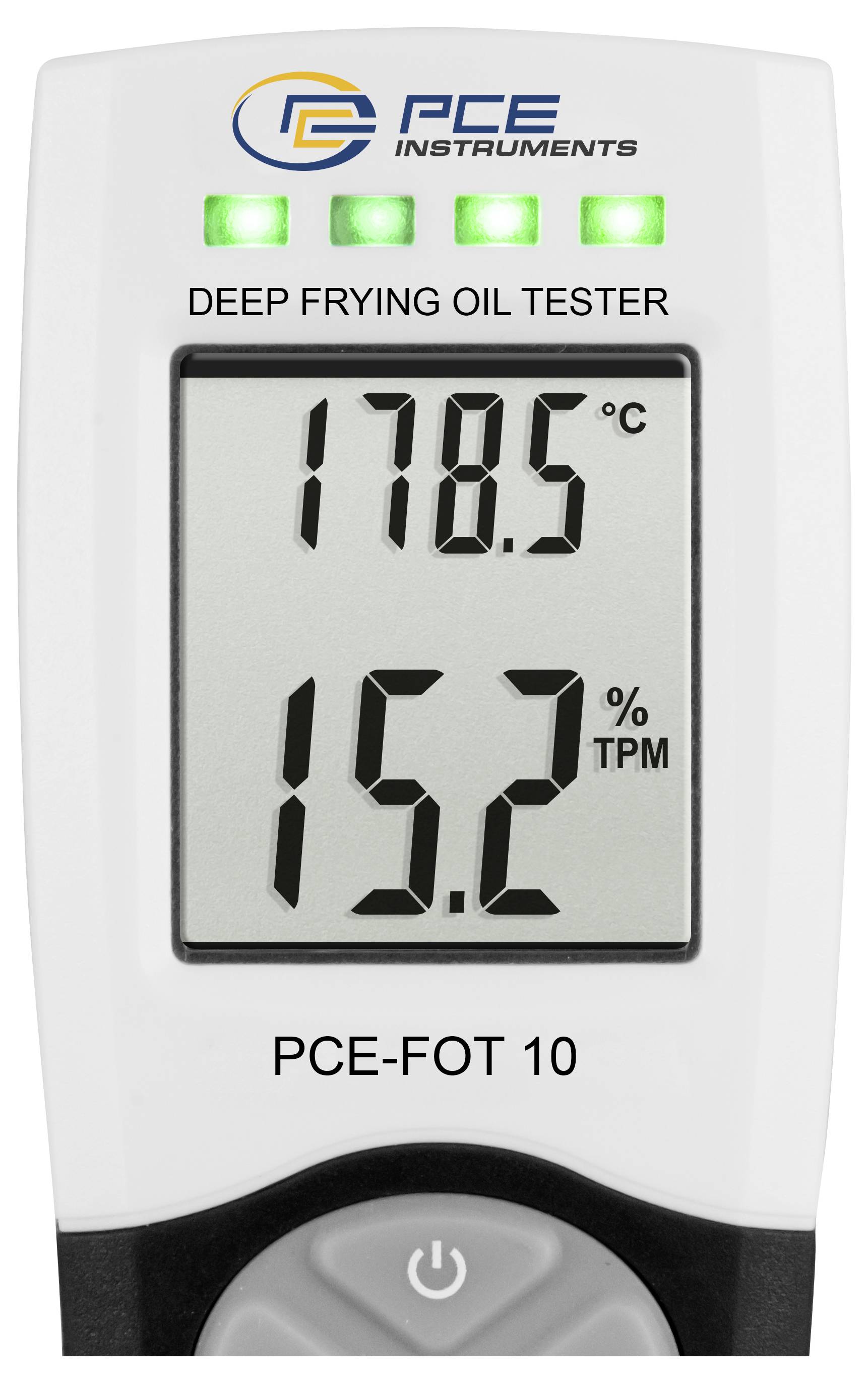 Digitales Frittierschöl-Testgerät zeigt 178,5°C und 15,2% TPM an, mit vier grünen Kontrollleuchten und Beschriftung PCE Instruments PCE-FOT 10.