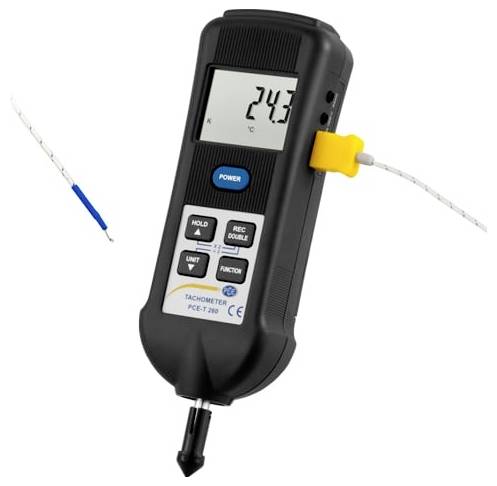 Tragbares digitales Tachometer mit Anzeige von 24,3°C und einer durch ein Kabel verbundenen Sonde.