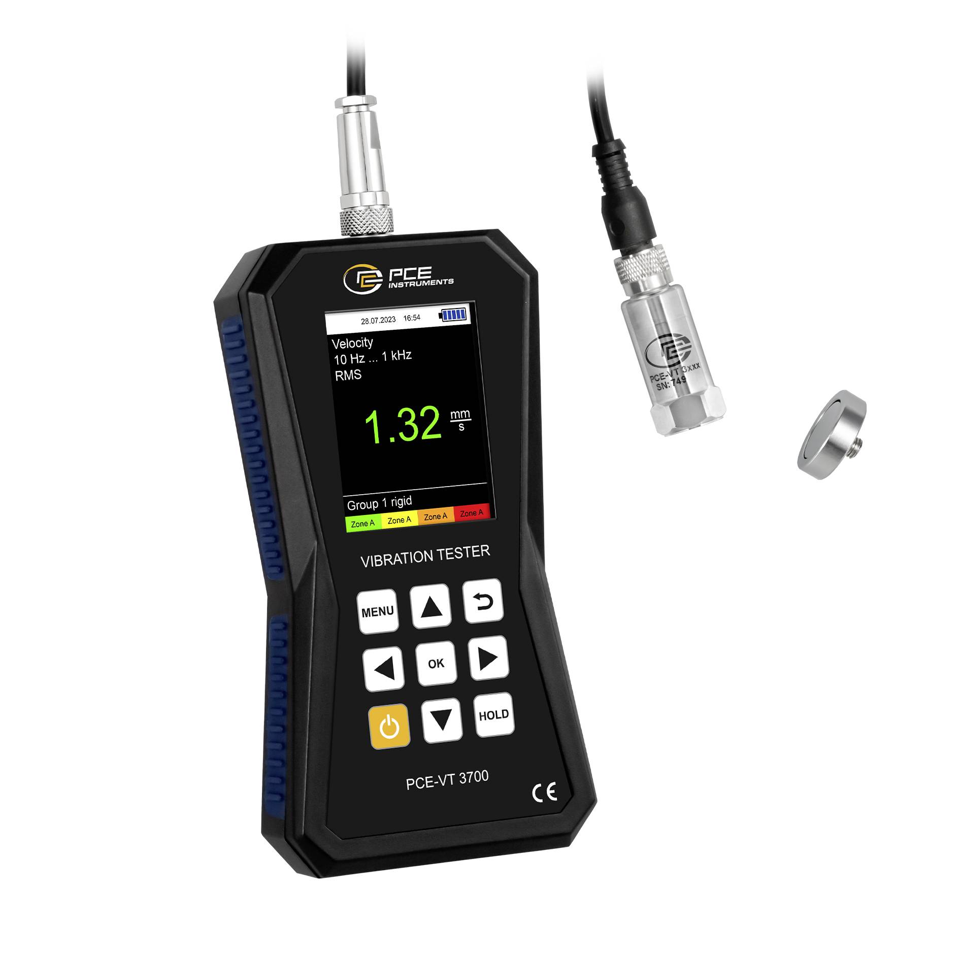 PCE VT 3700 tragbares Vibrationsmessgerät mit Sensorsonde, das eine Geschwindigkeitsmessung von 1,32 mm/s auf seinem Display anzeigt.