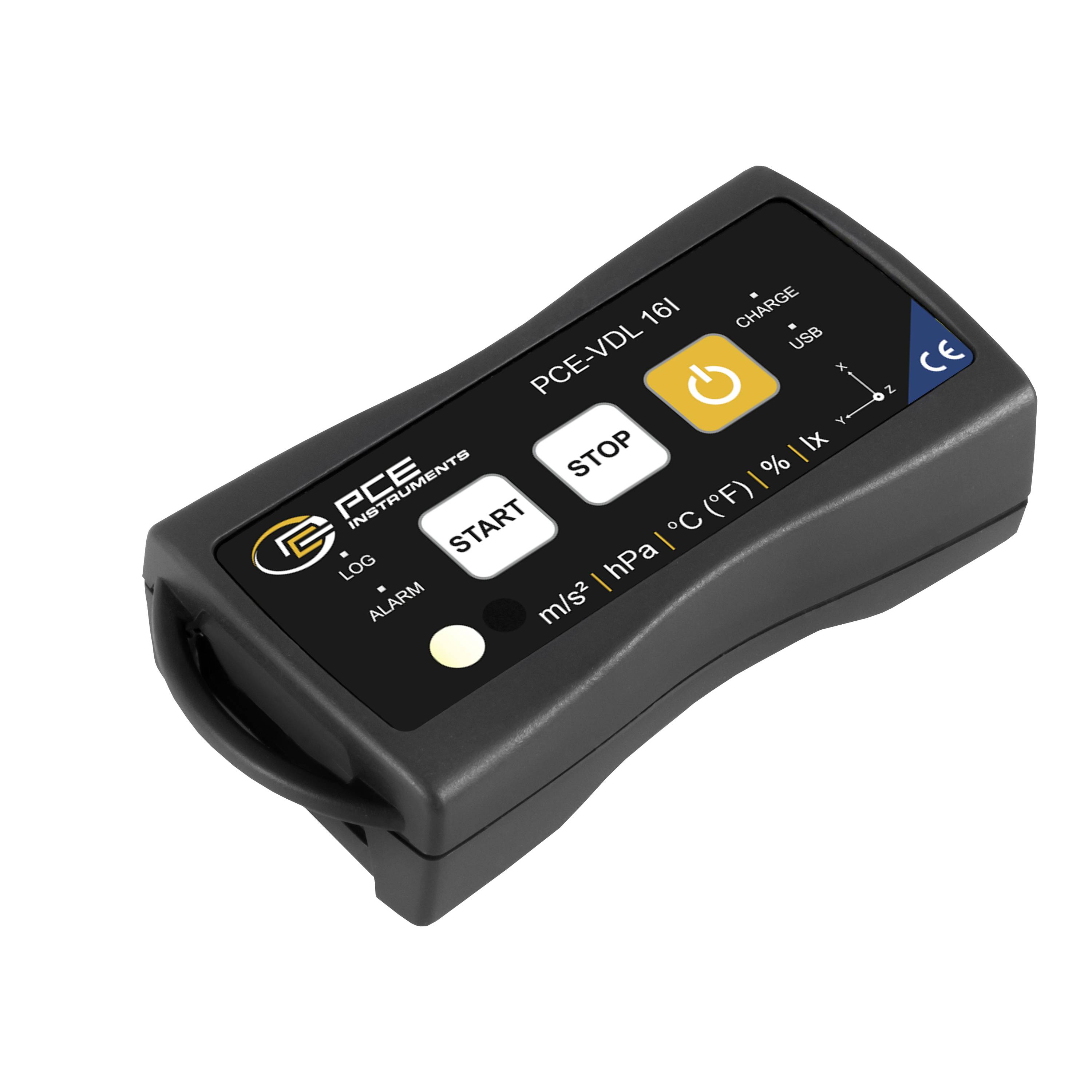 Schwarzes tragbares PCE-Messinstrument-Datenerfassungsgerät mit START-, STOP- und Stromknöpfen, gekennzeichnet für Druck, Temperatur, Luftfeuchte und USB-Aufladung.