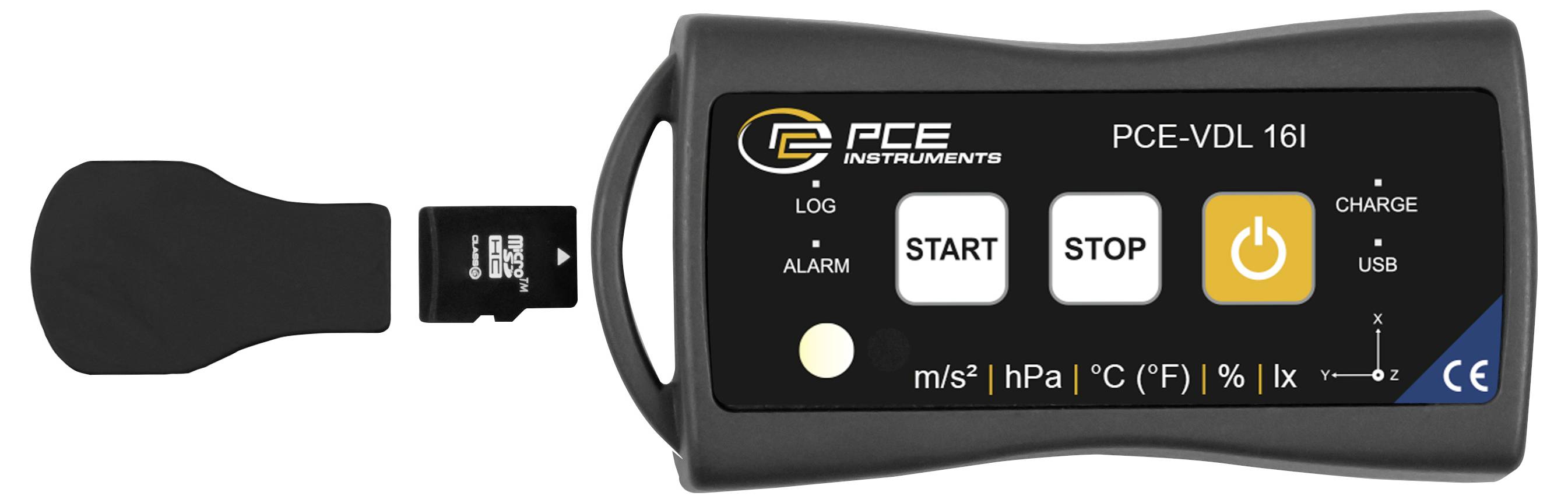 Tragbares PCE-Messinstrument mit Datenlogger und separatem Sensorgeber, das START- und STOP-Tasten sowie einen Netzschalter am Gerät zeigt.