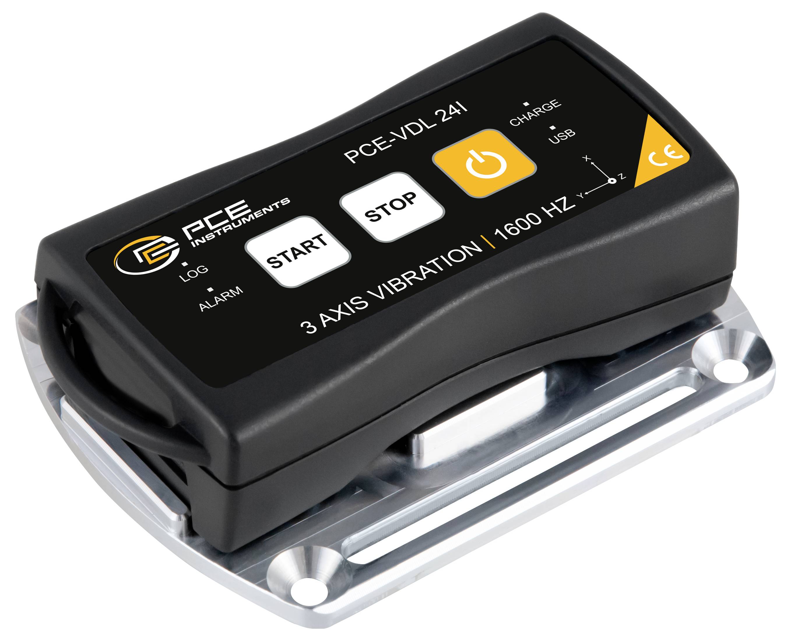 Tragbarer 3-Achsen-Vibrationsdatenlogger auf einer Metallmontagebasis mit sichtbaren Beschriftungen für Start, Stop, Stromversorgung, Protokoll, Alarm, Laden und USB.