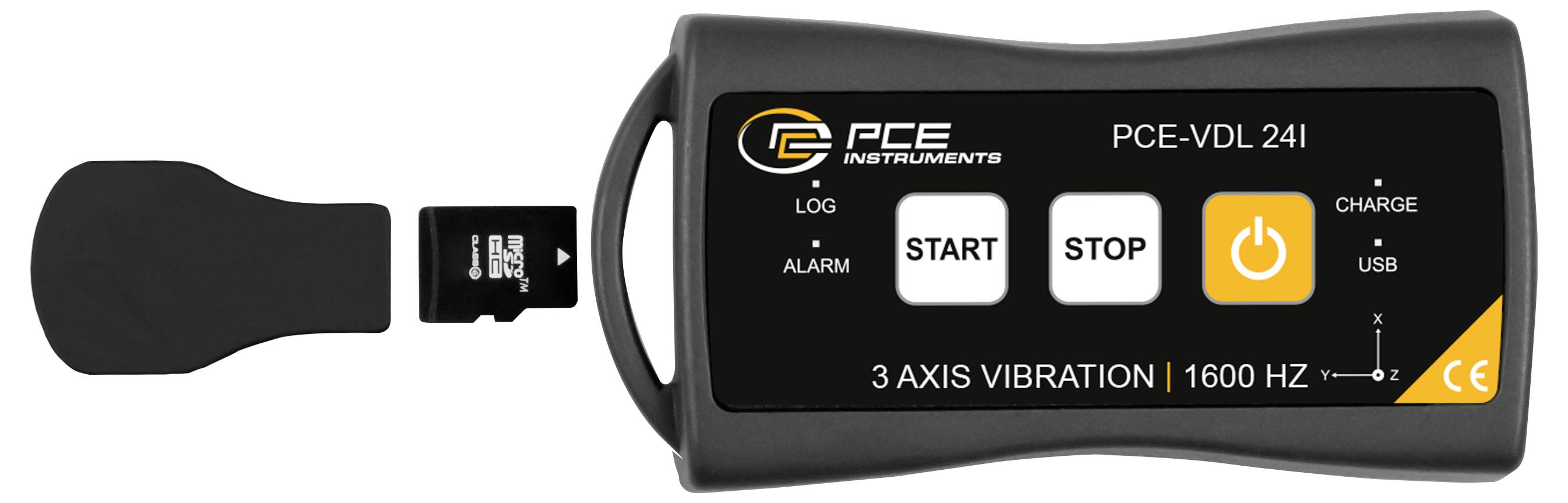 Tragbares PCE-Vibrationsmeßgerät mit angebrachtem Sensor und Start-, Stop- und Ein-/Aus-Tasten; beschriftet mit „3 AXIS VIBRATION | 1600 HZ