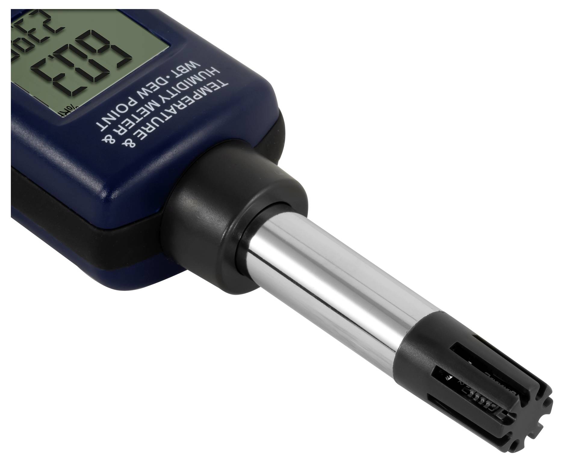 Digitales Temperatur- und Feuchtemessgerät mit Sonde und Display, zeigt 