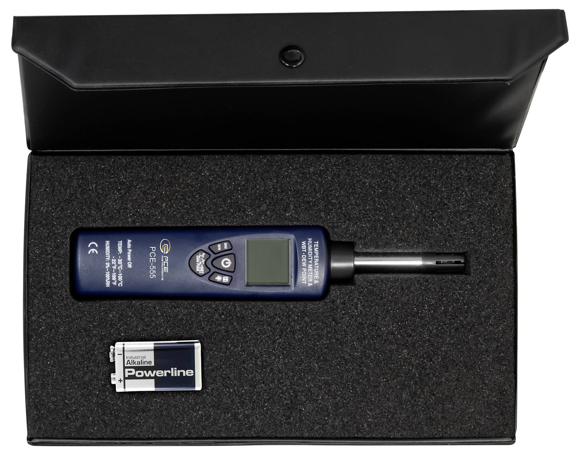 Tragbares PCE-EMF 828 Elektromagnetfeld-Messgerät in einem schwarzen Koffer, mit einer im Lieferumfang enthaltenen 9-V-Batterie.