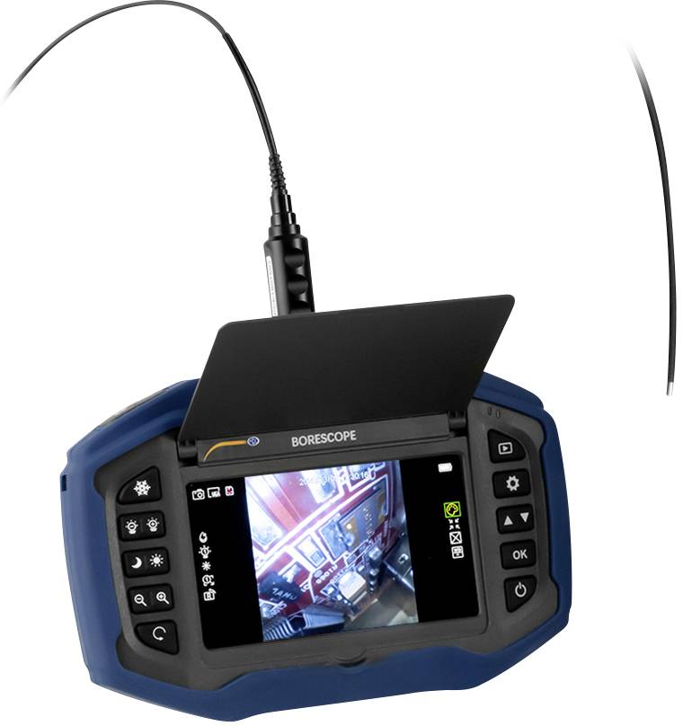 Ein Endoskop mit Monitor zeigt ein Innenbild aus einem Gerät. Das Endoskop hat Steuerknöpfe, ein flexibles Kabel und ist für Inspektionen geeignet.