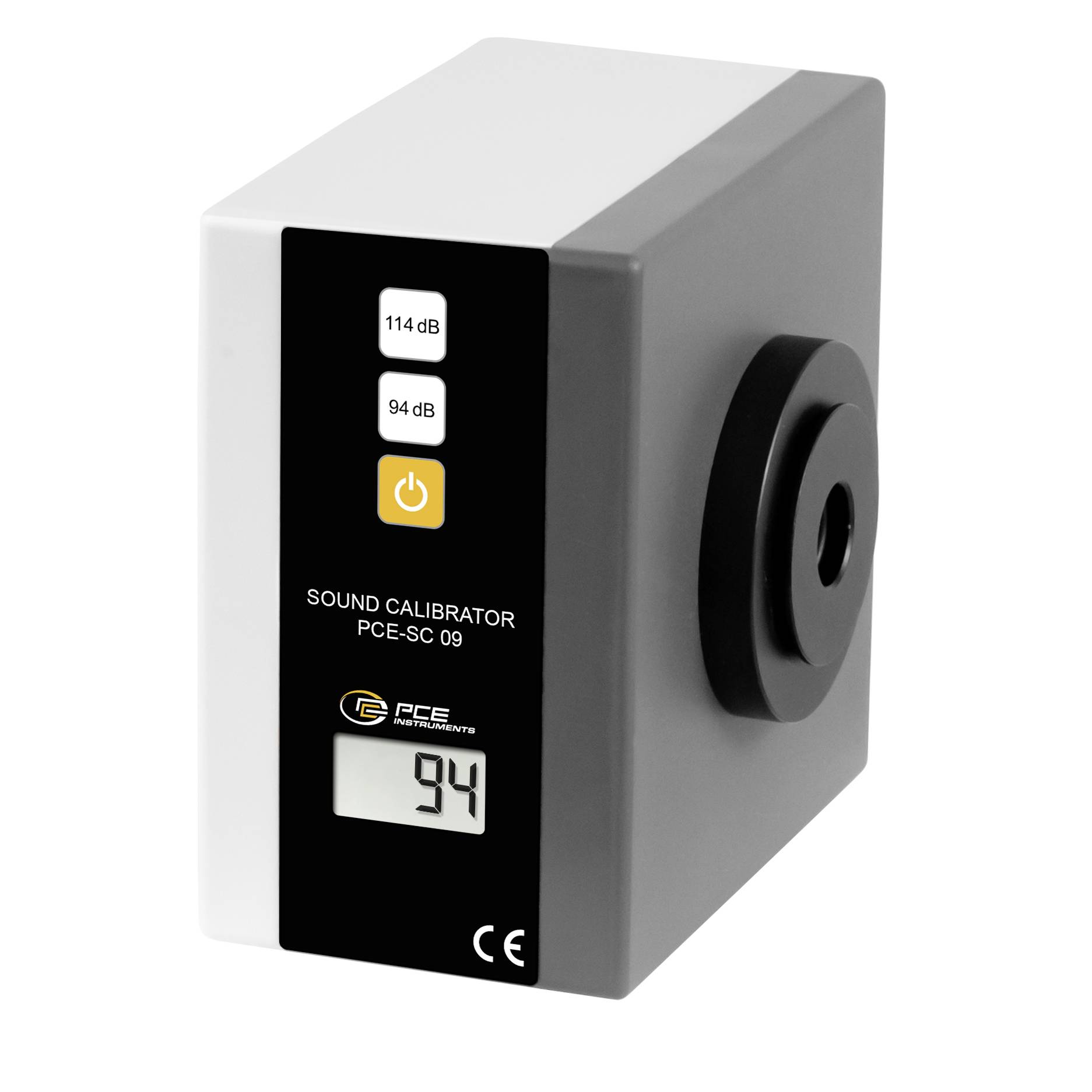 Soundkalibriergerät mit digitaler Anzeige von 94 dB, Tasten für 114/94 dB und seitlicher Mikrofonöffnung.