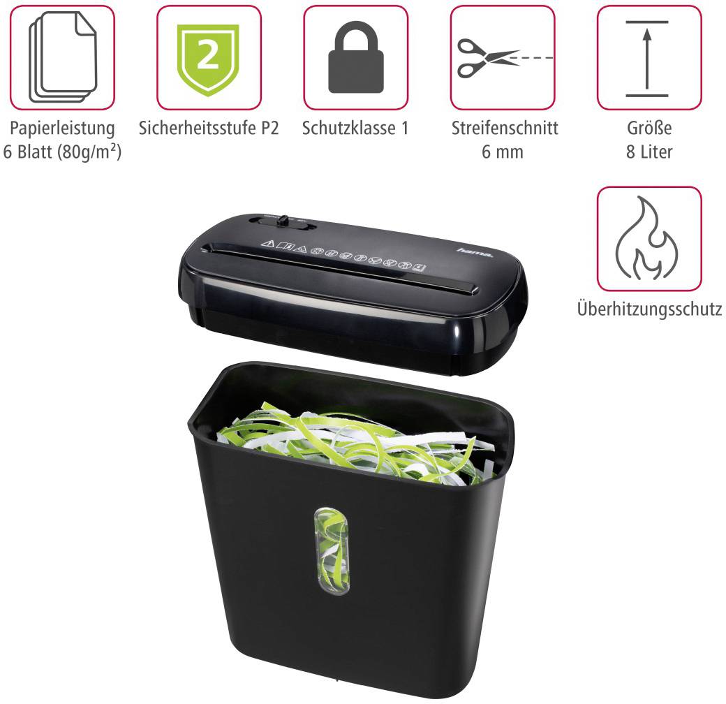 Hama Basic S6 Aktenvernichter 7 Blatt Streifenschnitt 6 mm P-1 8 l