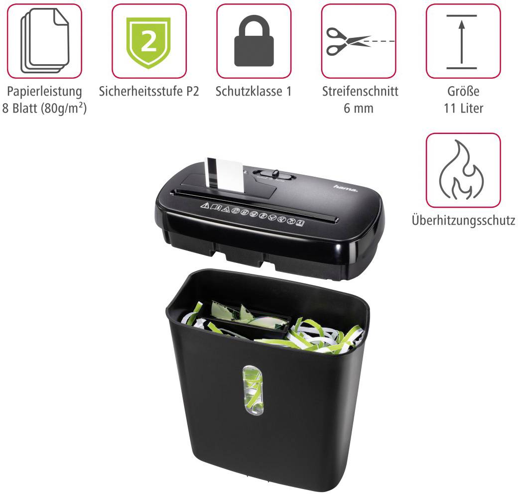 Hama Basic S8CD Aktenvernichter 9 Blatt Streifenschnitt 6mm P-1 11l Vernichtet auch CDs, DVDs