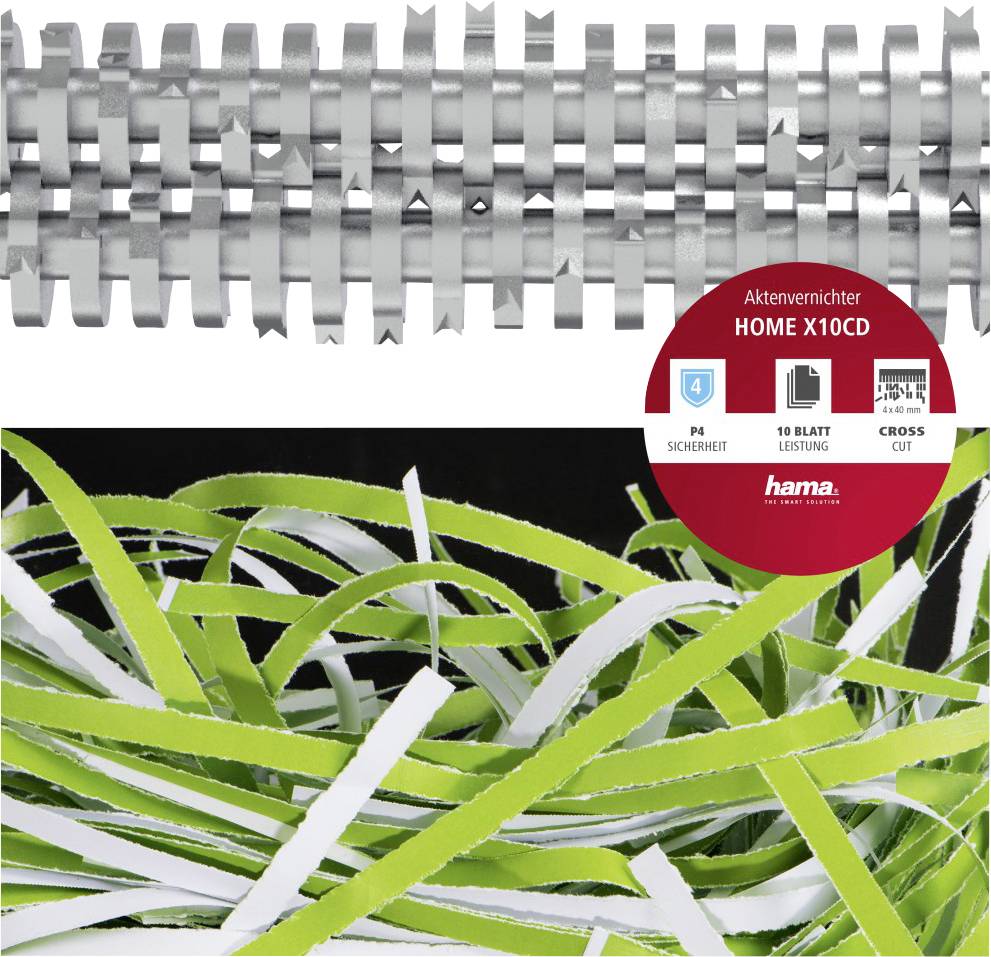 Ein Aktenvernichter mit Sicherheitsstufe P4, zeigt die Kreuzschnittmesser und geschreddertes Papier in Weiß und Grün.