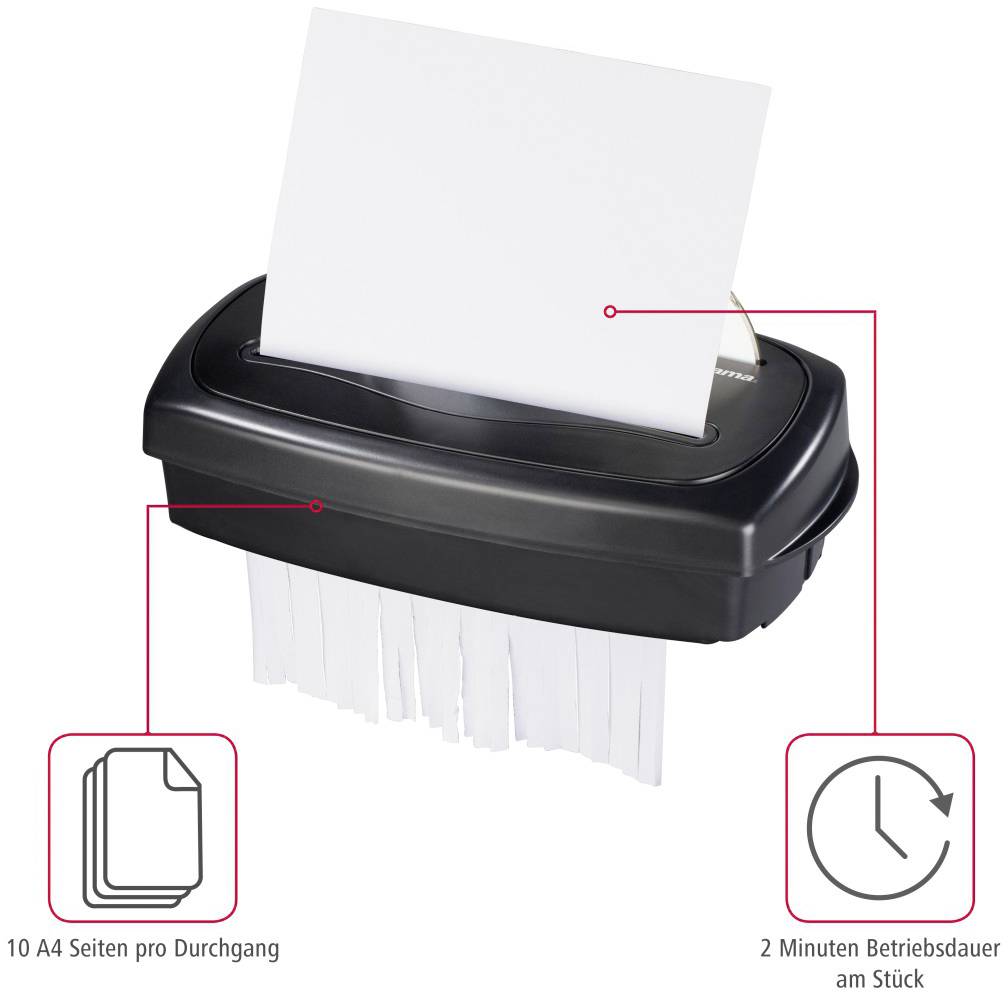 Elektrischer Aktenvernichter, schwarzes Gehäuse, schreddert A4-Seiten in Streifen. Hinweis: Kapazität 10 Seiten, 2 Minuten Laufzeit.