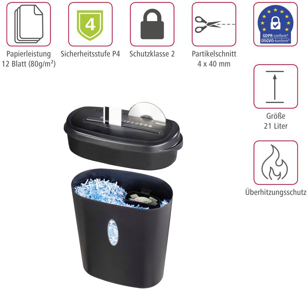 Hama Home X12CD Aktenvernichter 13 Blatt Partikelschnitt 4 x 40 mm P-2 21 l Vernichtet auch CDs, DVDs, Kreditkarte