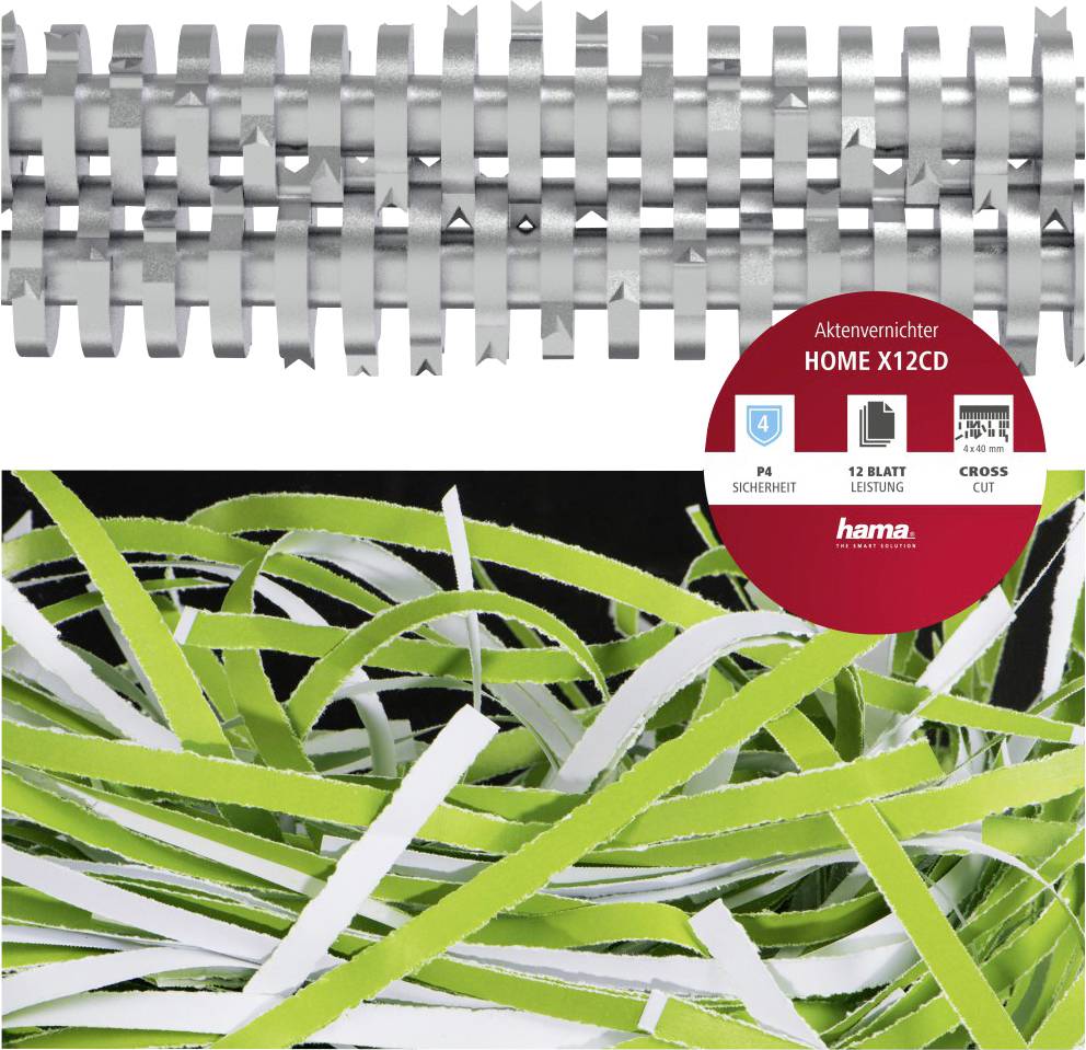 Ein Aktenvernichter zerschneidet Papier in feine Streifen. Etikett: 'HOME X12CD', Kapazität für 12 Blätter, Kreuzschnitt-Technologie.