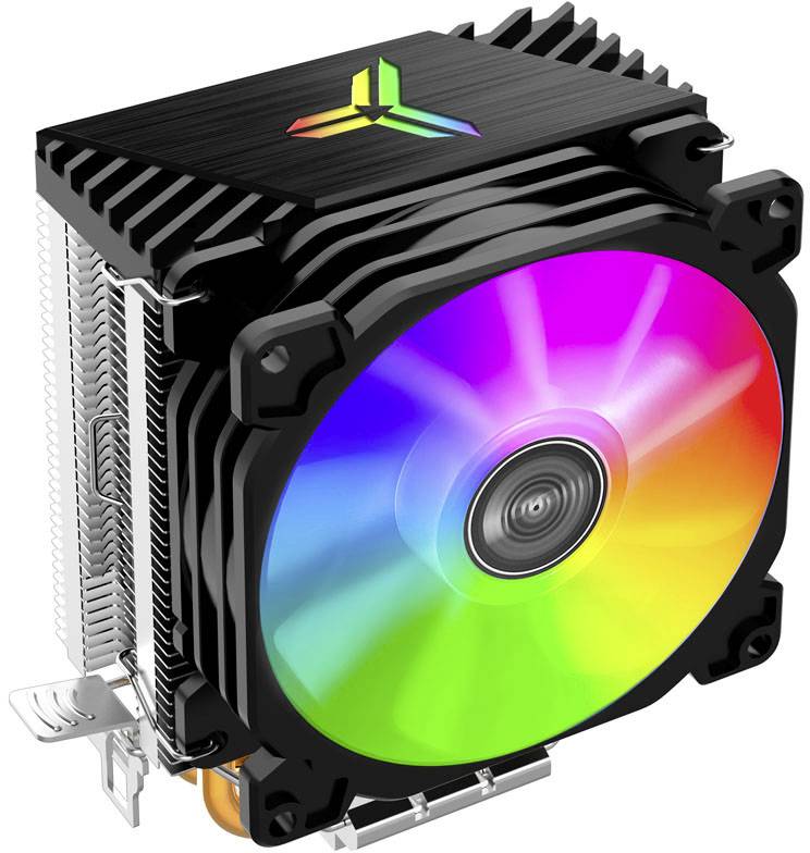 Ein Computerlüfter in Schwarz mit Regenbogen-LED-Beleuchtung auf den Flügeln, montiert auf einem Kühlkörper für die Wärmeableitung.