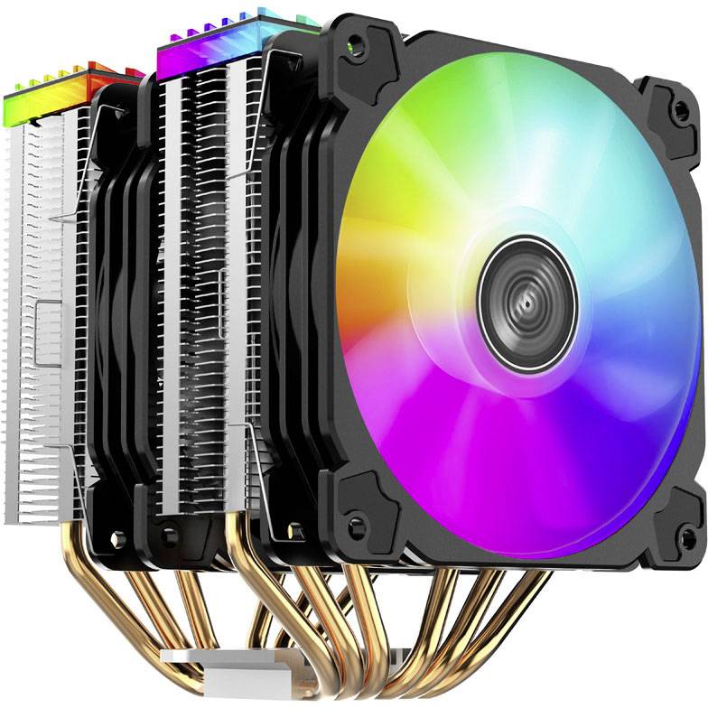 Ein CPU-Kühler mit drei Lüftern, die in Regenbogenfarben leuchten. Kupfer-Heatpipes führen Wärme von der Basis zu den Kühlrippen.