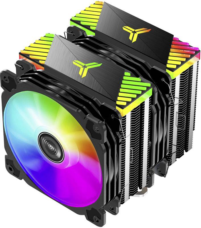 Bunte CPU-Luftkühlung mit RGB-Beleuchtung und doppelten Lüftern in einer vertikalen Anordnung.