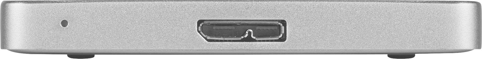 Ein silbernes elektronisches Gerät mit einem HDMI-Anschluss in der Mitte, Ansicht von vorne.