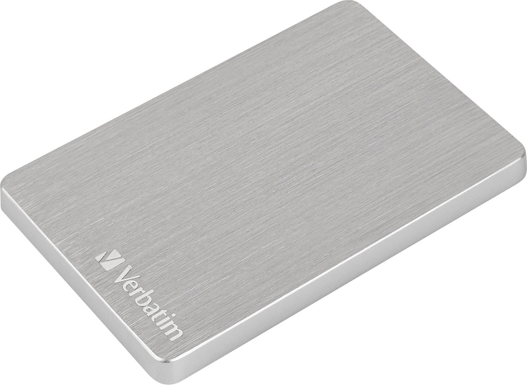 Silberne externe Festplatte von Verbatim in rechteckiger Form, flach und kompakt.