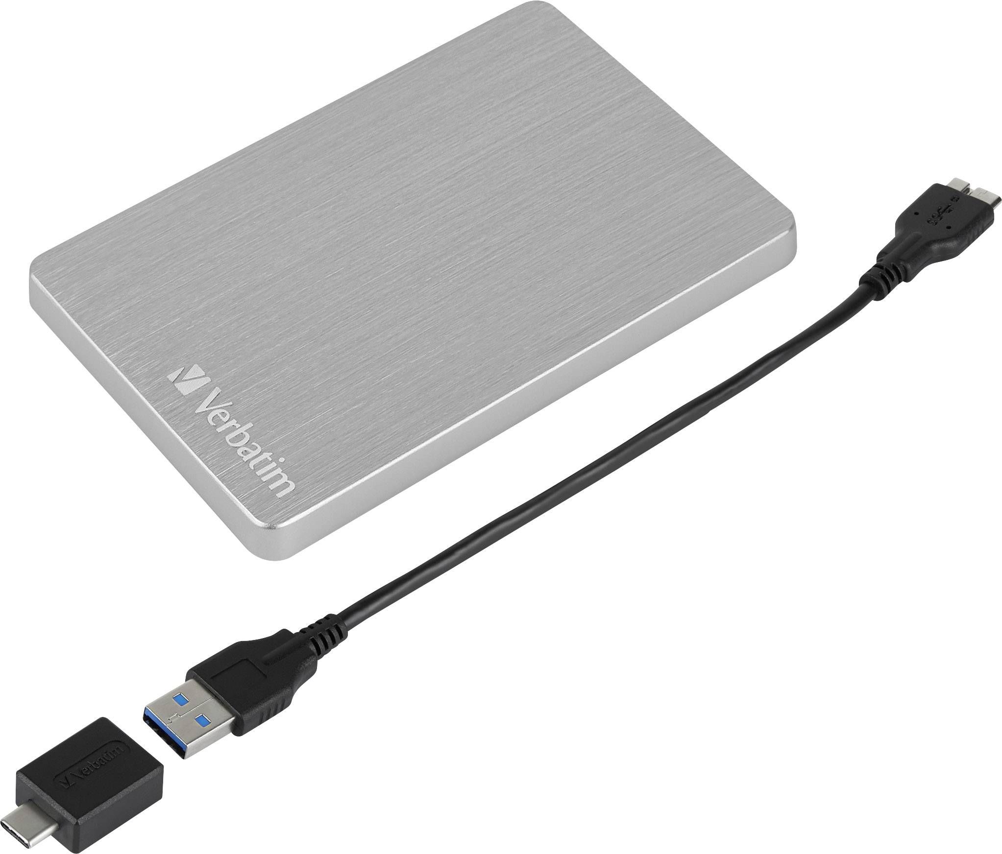 Externe silberne Festplatte von Verbatim mit USB-Kabel und Adapter. Dezentes, modernes Design für Datenspeicherung.