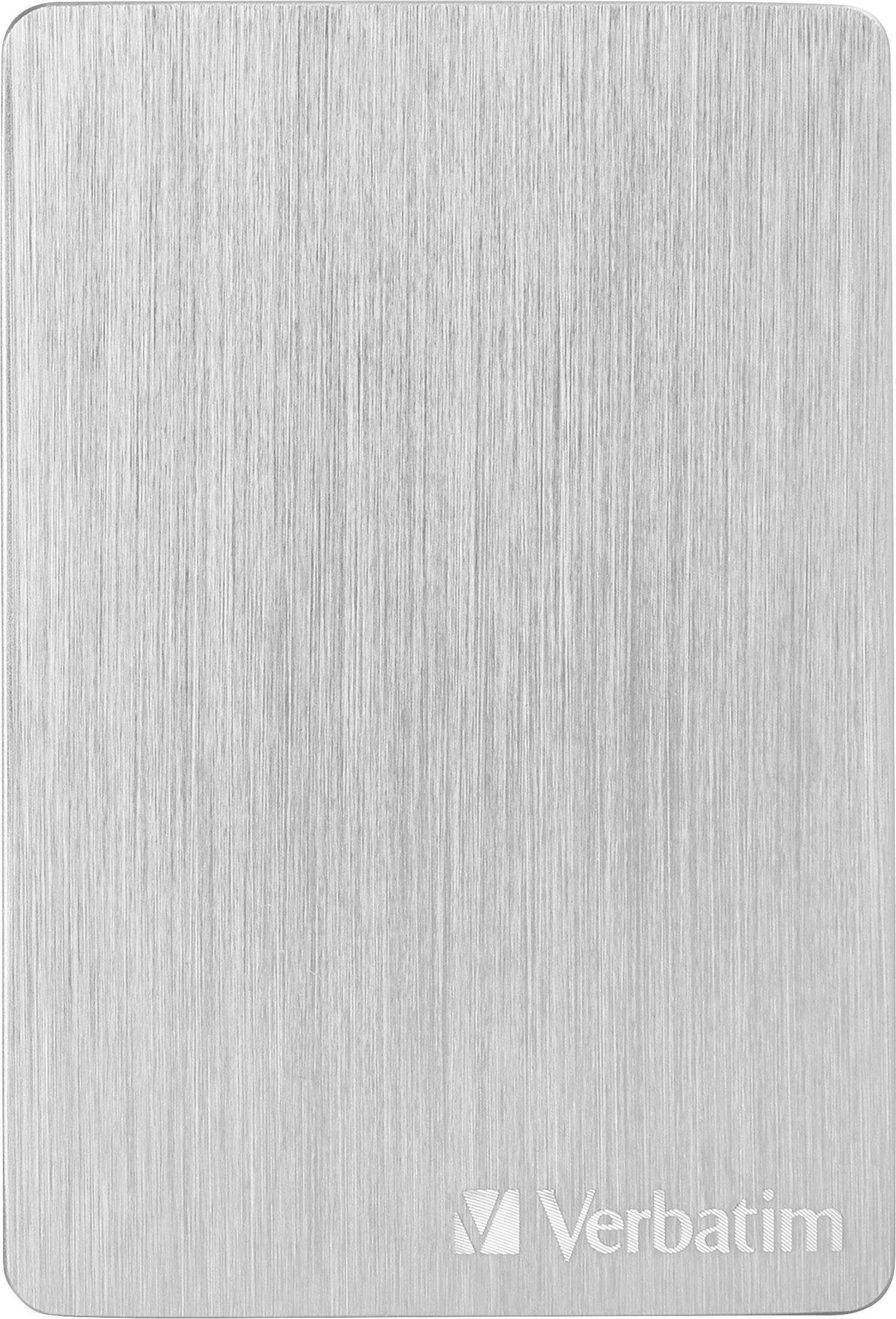 Eine silberne externe Festplatte von Verbatim mit gebürstetem Metallgehäuse.