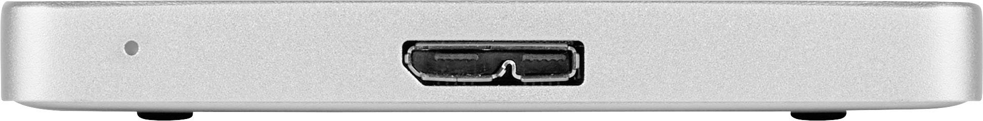 Ein silbernes elektronisches Gerät mit einem einzelnen USB-Anschluss in der Mitte der Vorderseite.