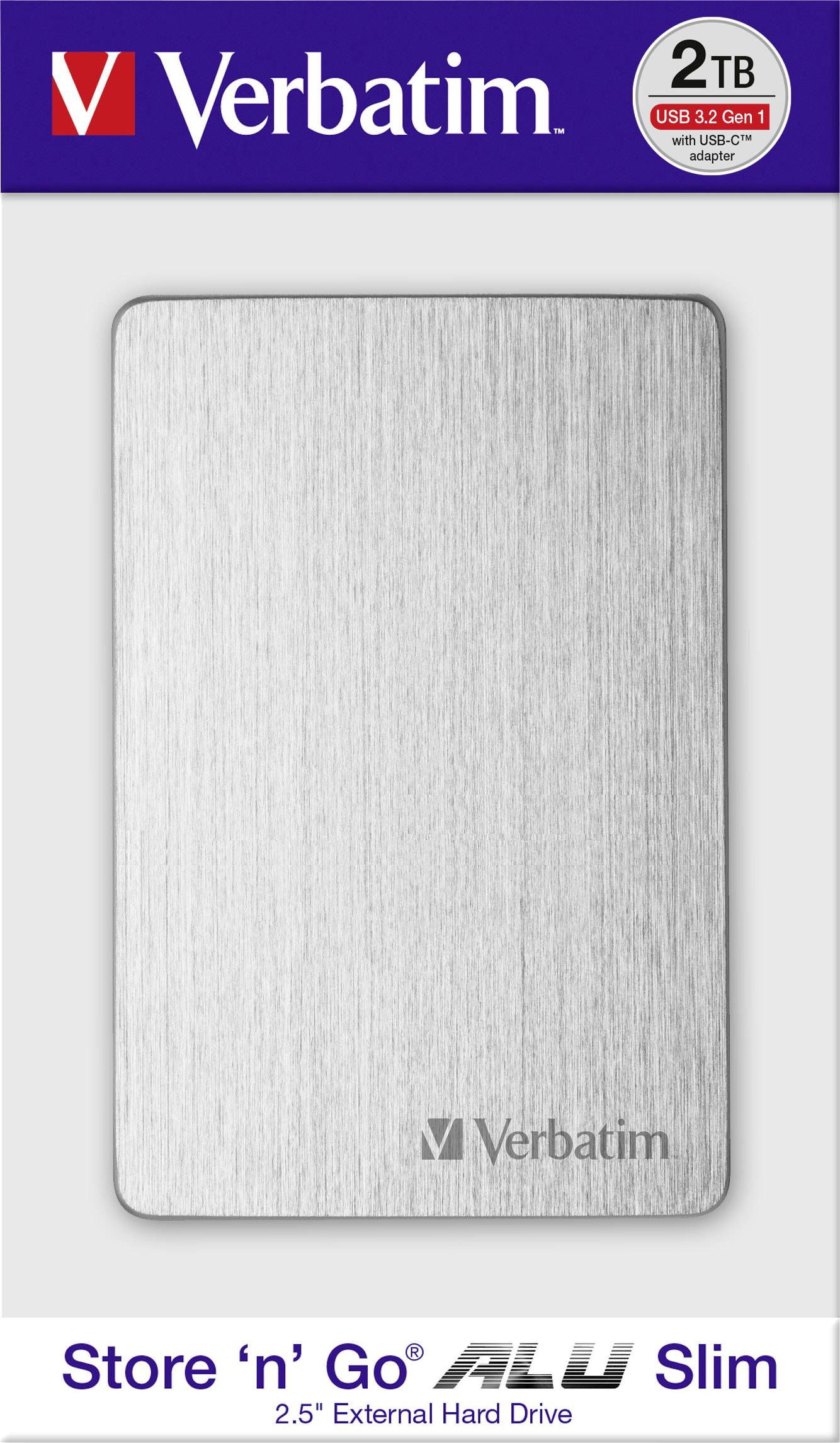 Verbatim 2TB externe Festplatte Store 'n' Go ALU Slim, USB 3.2 Gen 1, silberfarben, rechteckiges Design, Markenlogo oben links.