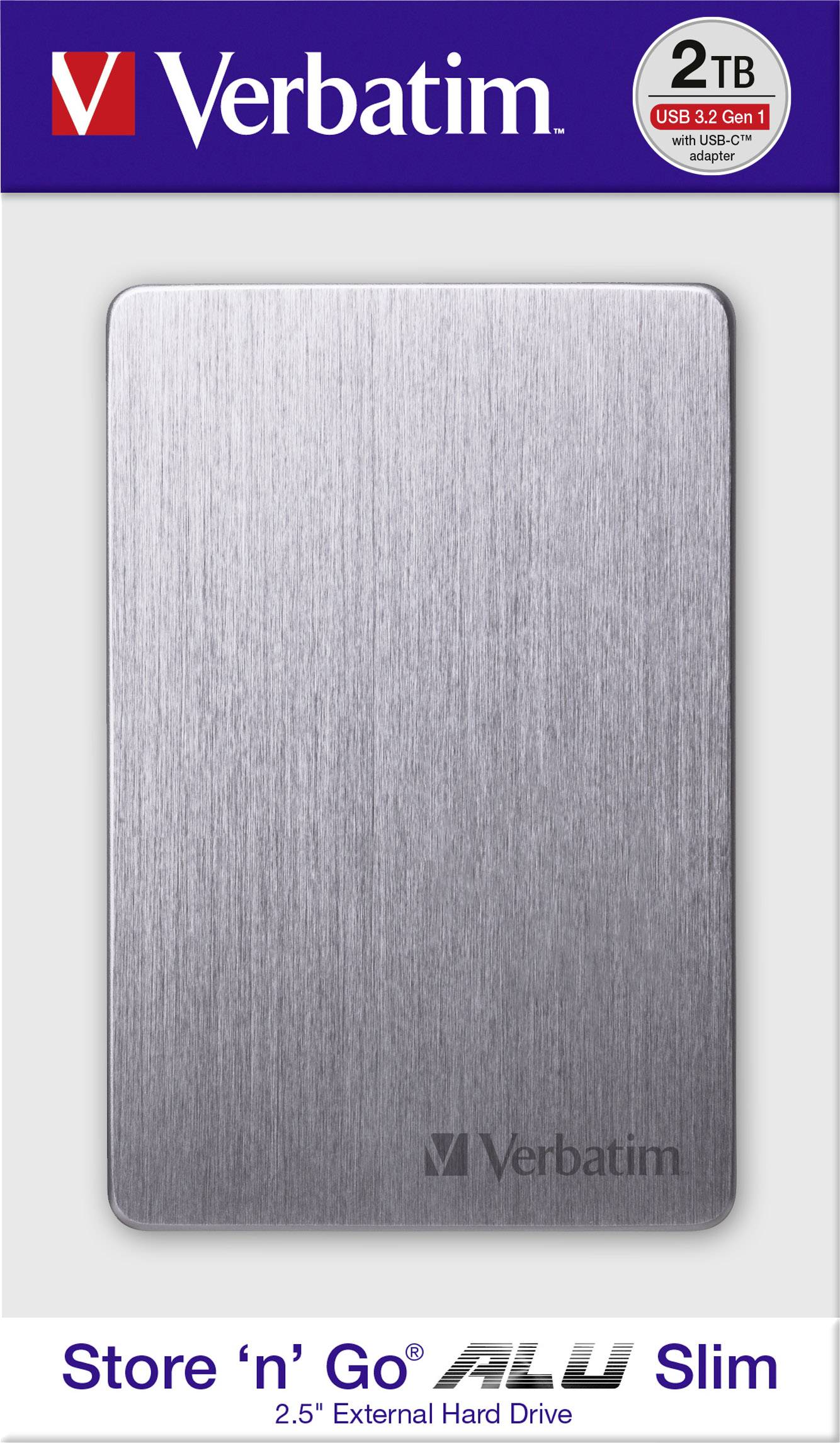 'Verbatim Store 'n' Go' 2TB externe Festplatte, schlankes Design, USB 3.2 Gen 1, graues Aluminiumgehäuse.
