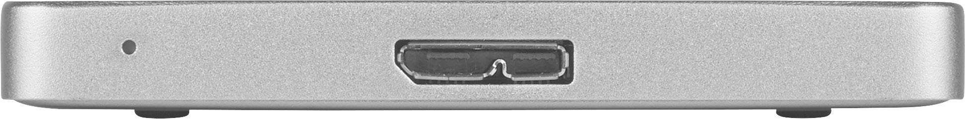 Silberne Vorderseite eines elektronischen Geräts mit einem USB-Anschluss in der Mitte.