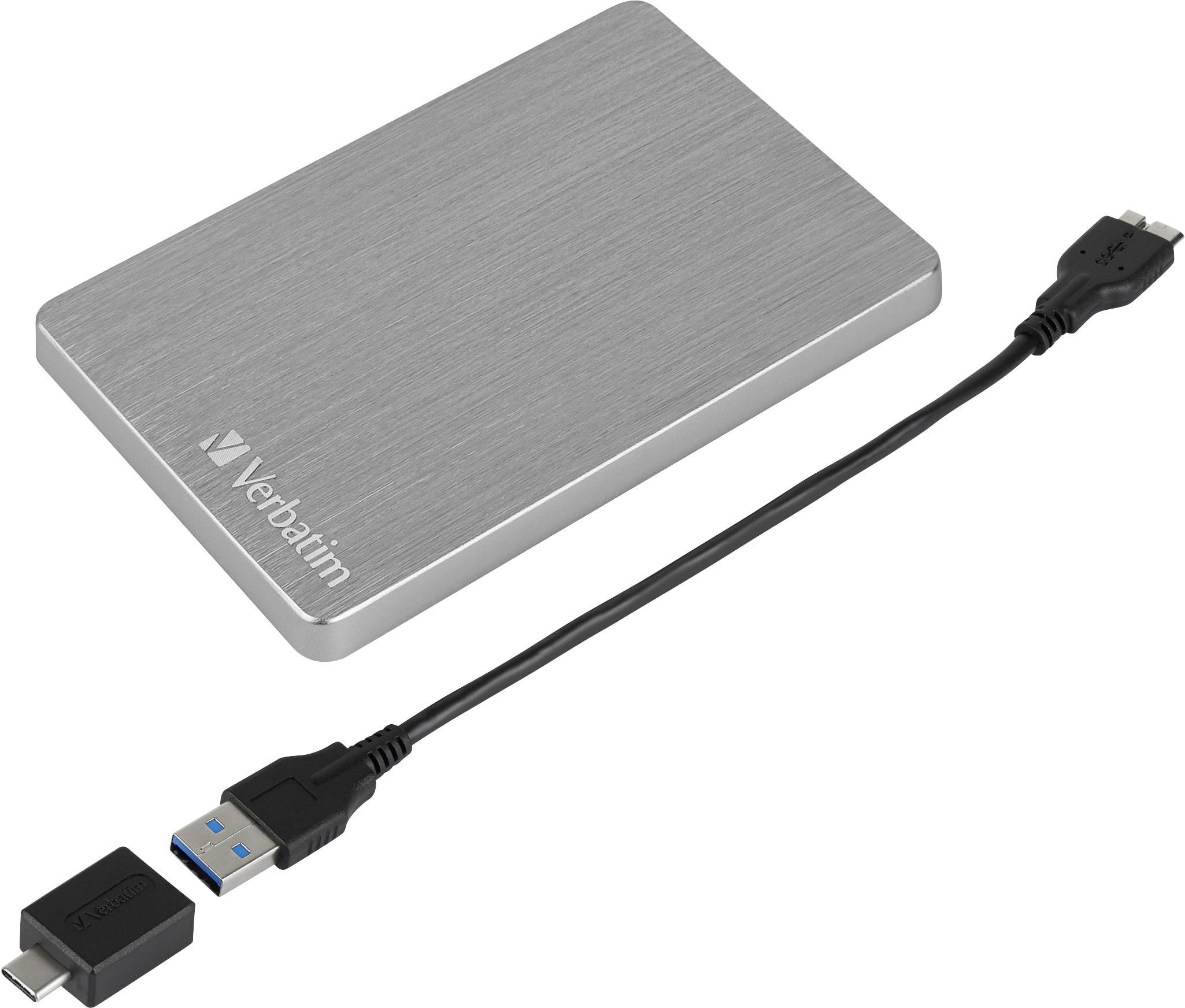 Externe Festplatte 'Verbatim' mit USB-Kabel und Adapter.