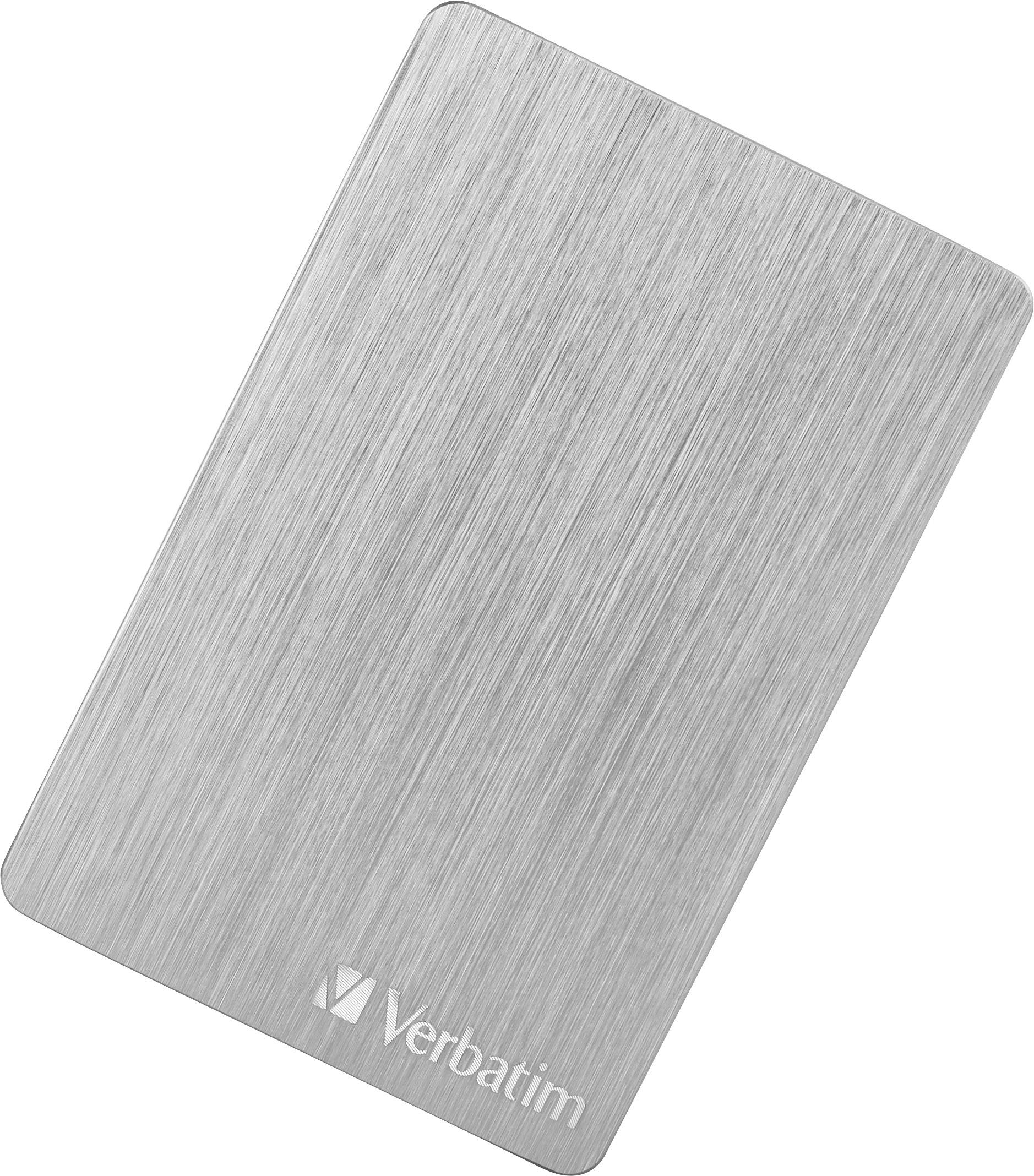Eine externe Festplatte mit gebürstetem Metall-Finish. Auf der Vorderseite steht der Markenname 'Verbatim'.