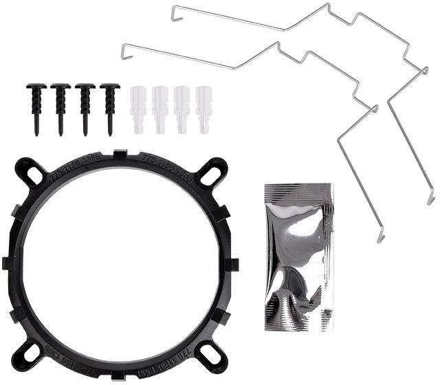 Befestigungsset für Computer-Lüfter mit Schrauben, Halterung, Klammern und Wärmeleitpaste.