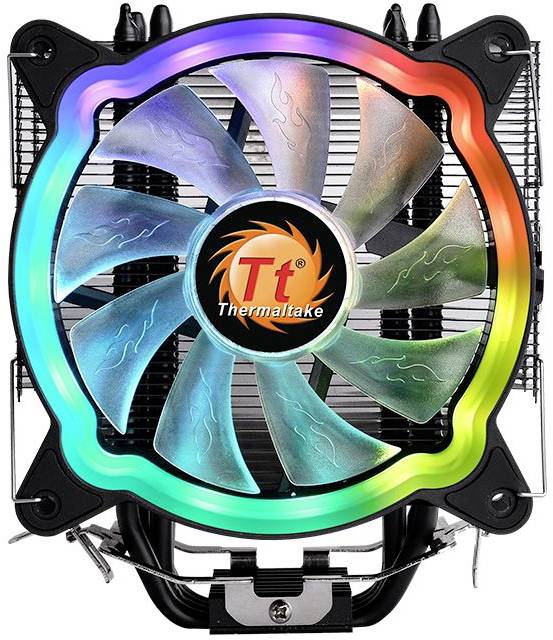 PC-Lüfter von Thermaltake mit durchsichtigen Flügeln und RGB-Beleuchtung in Regenbogenfarben, geeignet für Computer-Kühlung.