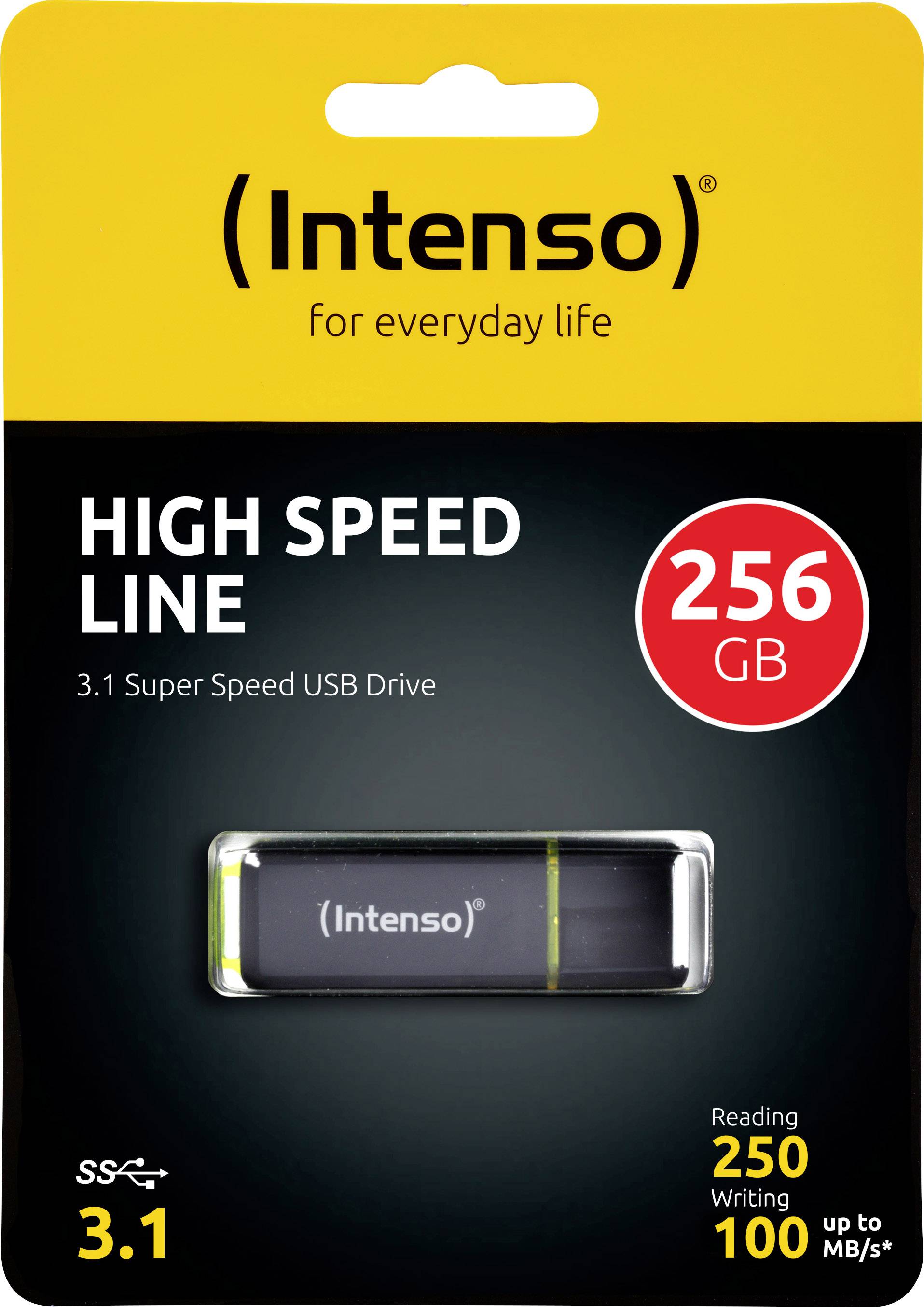 'Intenso High Speed Line' USB-Stick, 256 GB, 3.1 Super Speed, Lese- 250 MB/s, Schreibgeschwindigkeit bis 100 MB/s, Blisterverpackung.