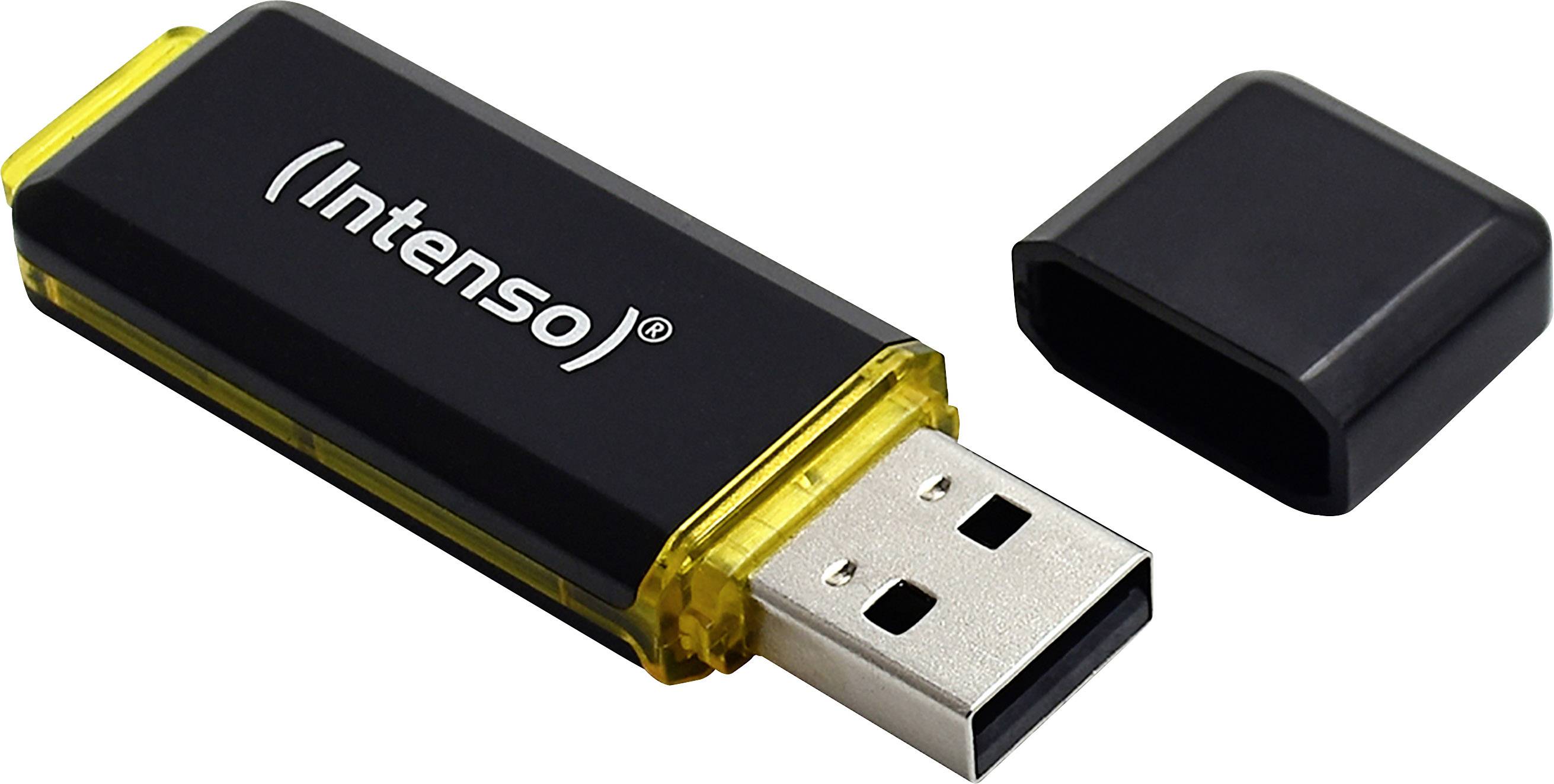 Schwarzer USB-Stick mit gelbem Rahmen und abgenommenem Deckel, Marke 'Intenso'.