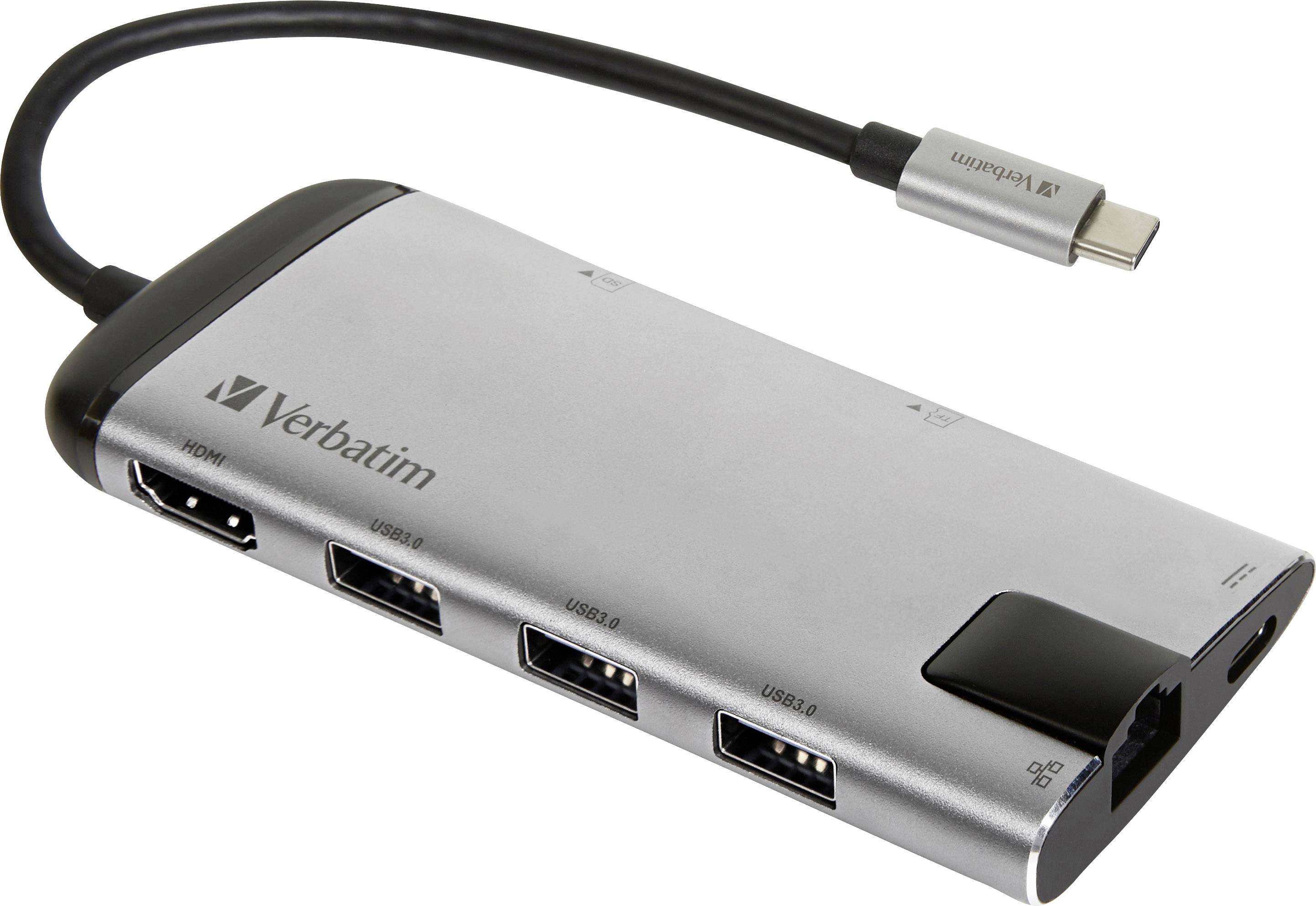 Ein silberner USB-C-Hub mit Markenlogo, bietet mehrere Anschlüsse: HDMI, USB und SD-Kartensteckplatz, geeignet für Laptops.