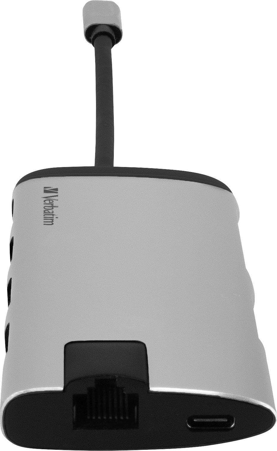 USB-C-Hub in Silber mit schwarzer Kante, zeigt drei USB-Anschlüsse, einen Ethernet-Port und ein schwarzes Anschlusskabel oben.