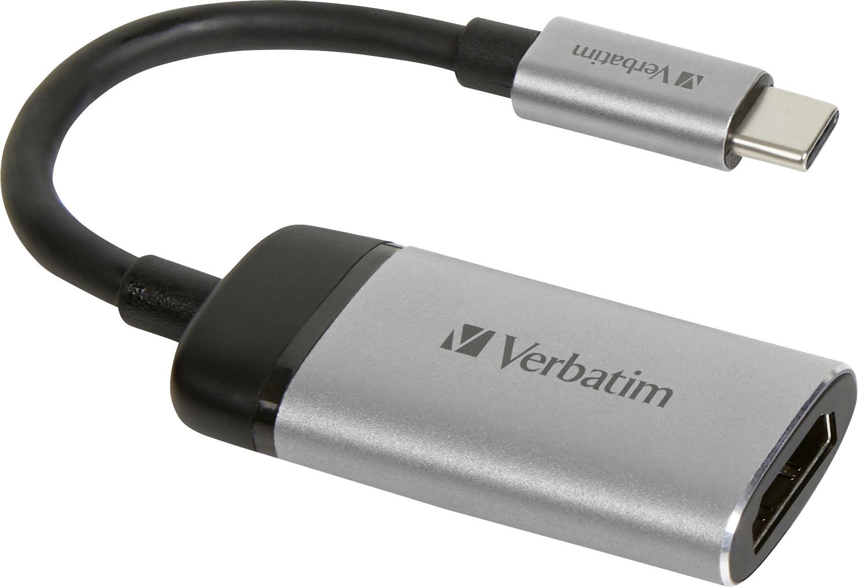 Ein silberner USB-C-auf-HDMI-Adapter von Verbatim. Er ermöglicht den Anschluss von USB-C-Geräten an HDMI-Anzeigen.