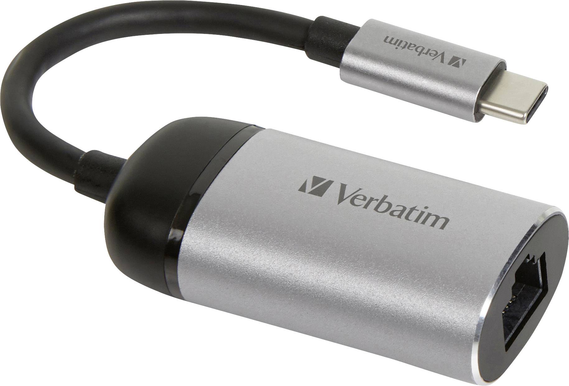 Silberner Verbatim Ethernet-Adapter mit USB-C-Anschluss und RJ45-Buchse, zur Verbindung von Geräten mit Netzwerken.