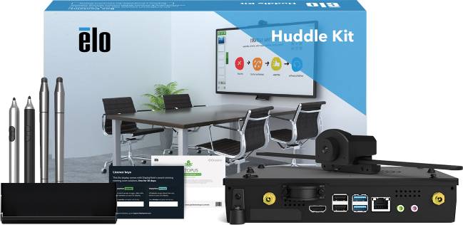 Huddle Kit von Elo: Ein Set zur Videokonferenz, bestehend aus Kamera, Stiften, Anschlussbox und Lizenz. Box zeigt Bild von Konferenzraum.