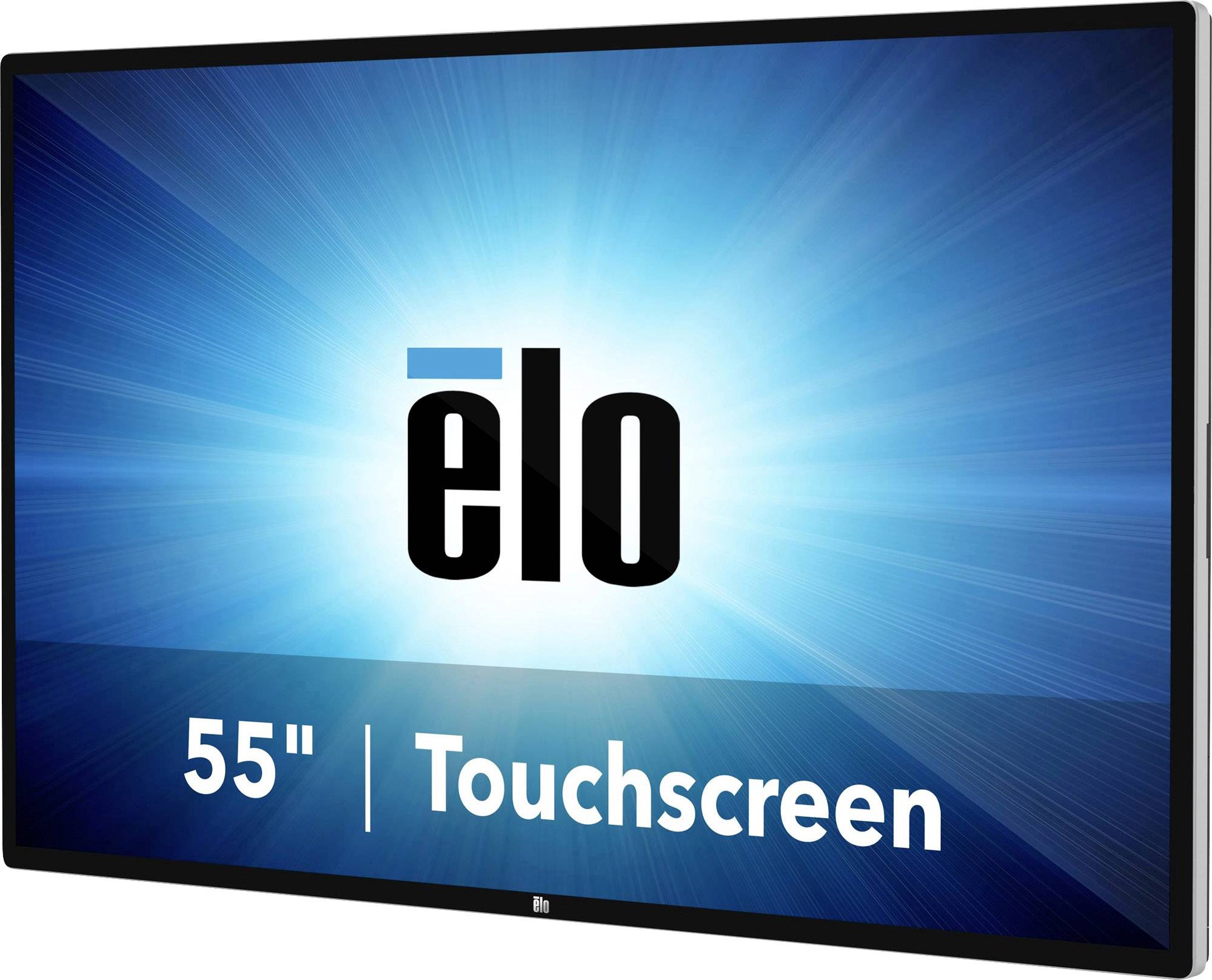 'Touchscreen mit 55 Zoll' auf einem Display angezeigt, Markenname 'elo' in der Mitte, umgeben von einem hellen, blauen Hintergrund.